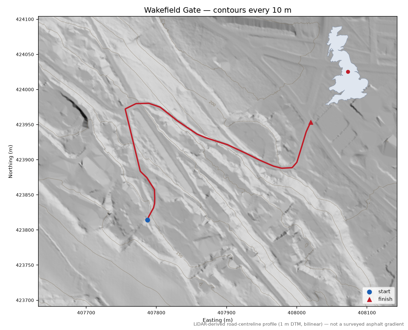 Wakefield Gate LiDAR hillshade map with contours