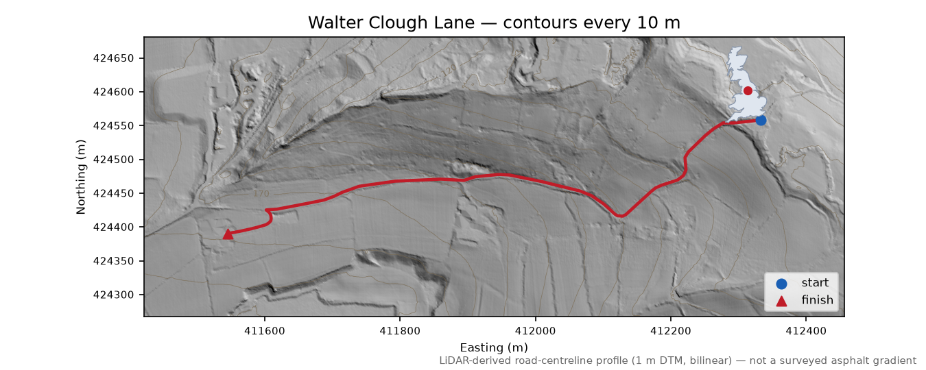 Walter Clough Lane LiDAR hillshade map with contours