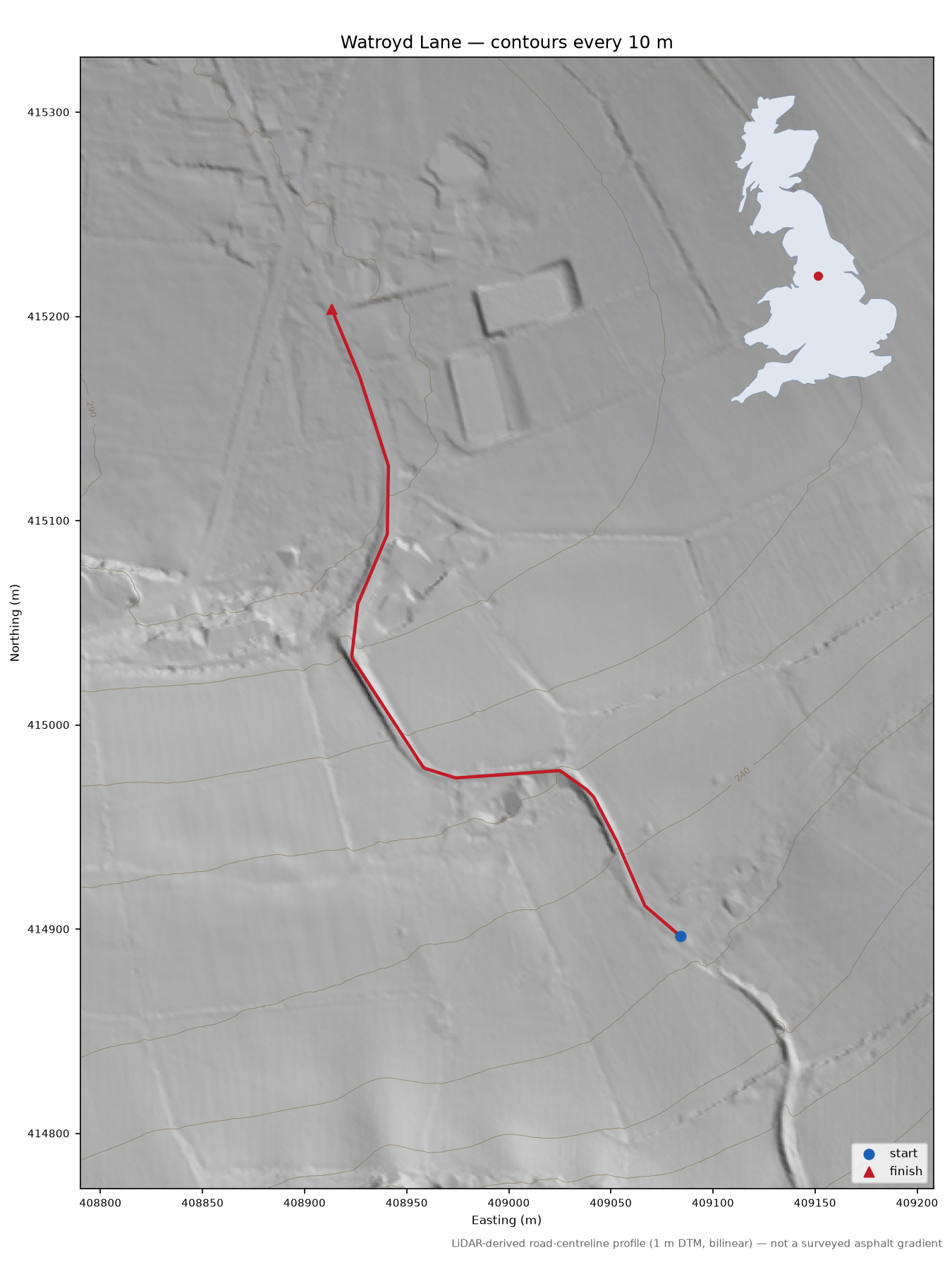 Watroyd Lane LiDAR hillshade map with contours