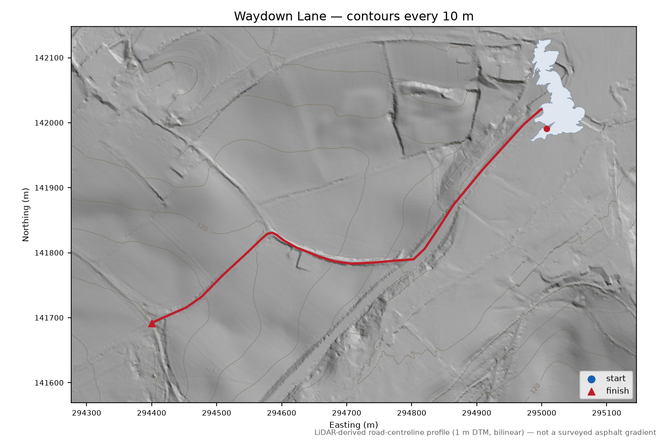 Waydown Lane LiDAR hillshade map with contours