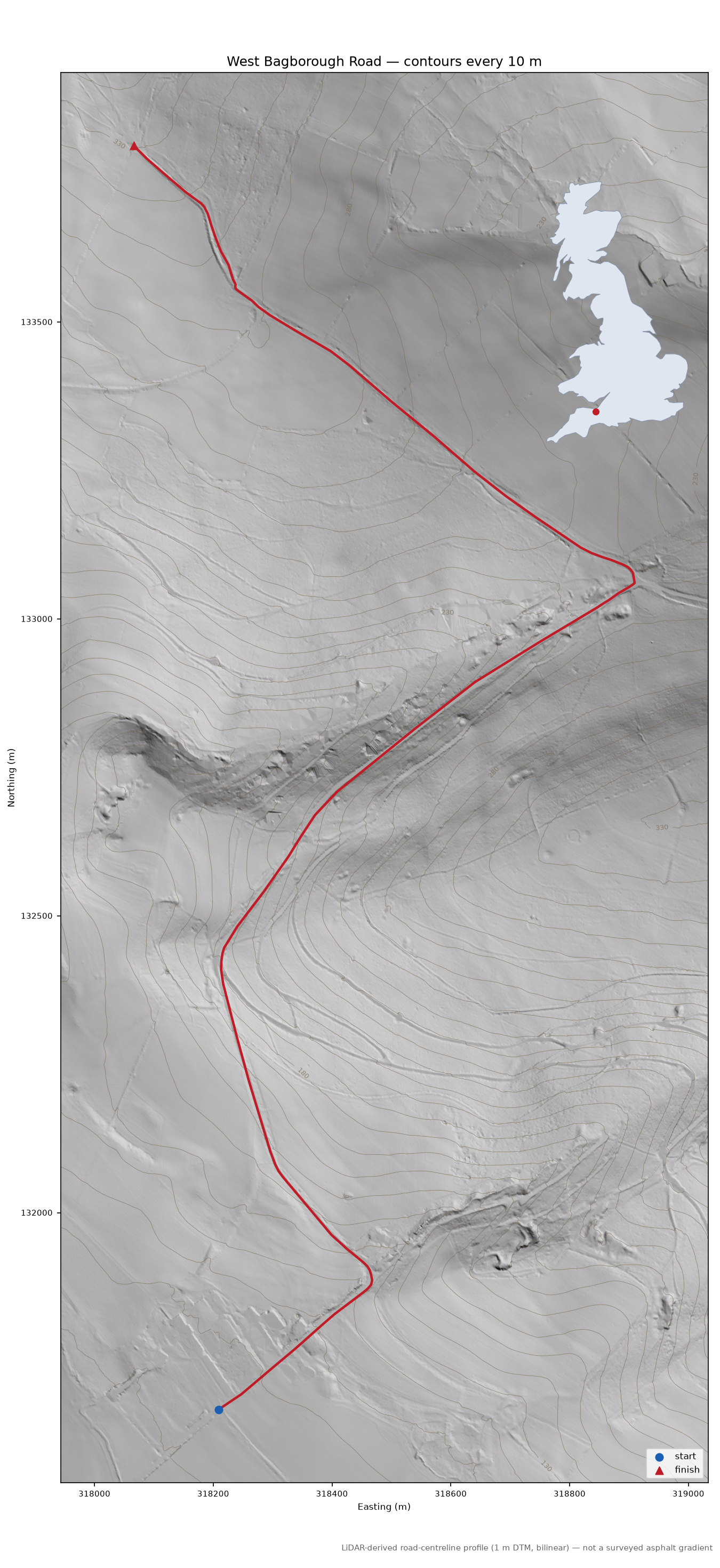 West Bagborough Road LiDAR hillshade map with contours