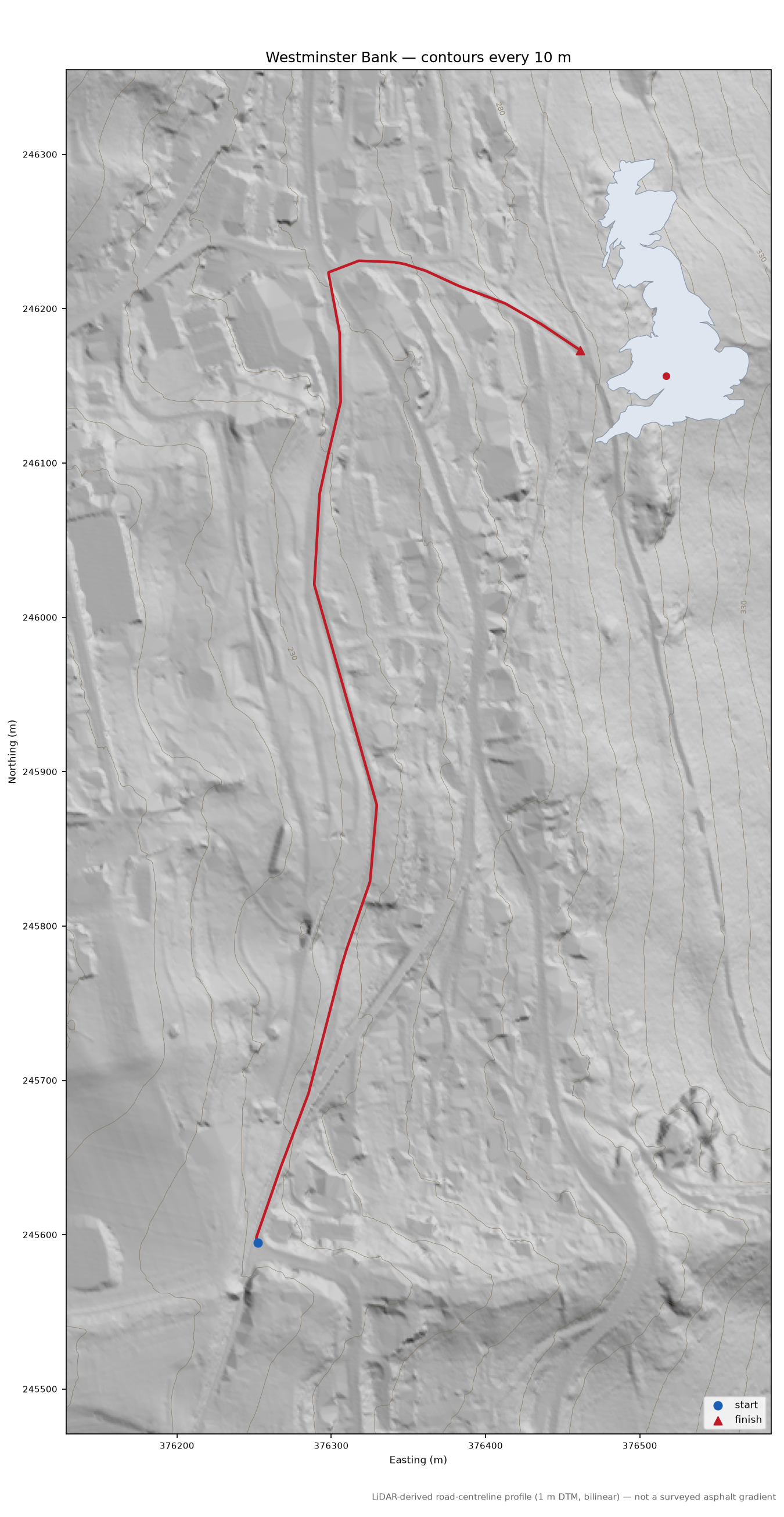 Westminster Bank LiDAR hillshade map with contours