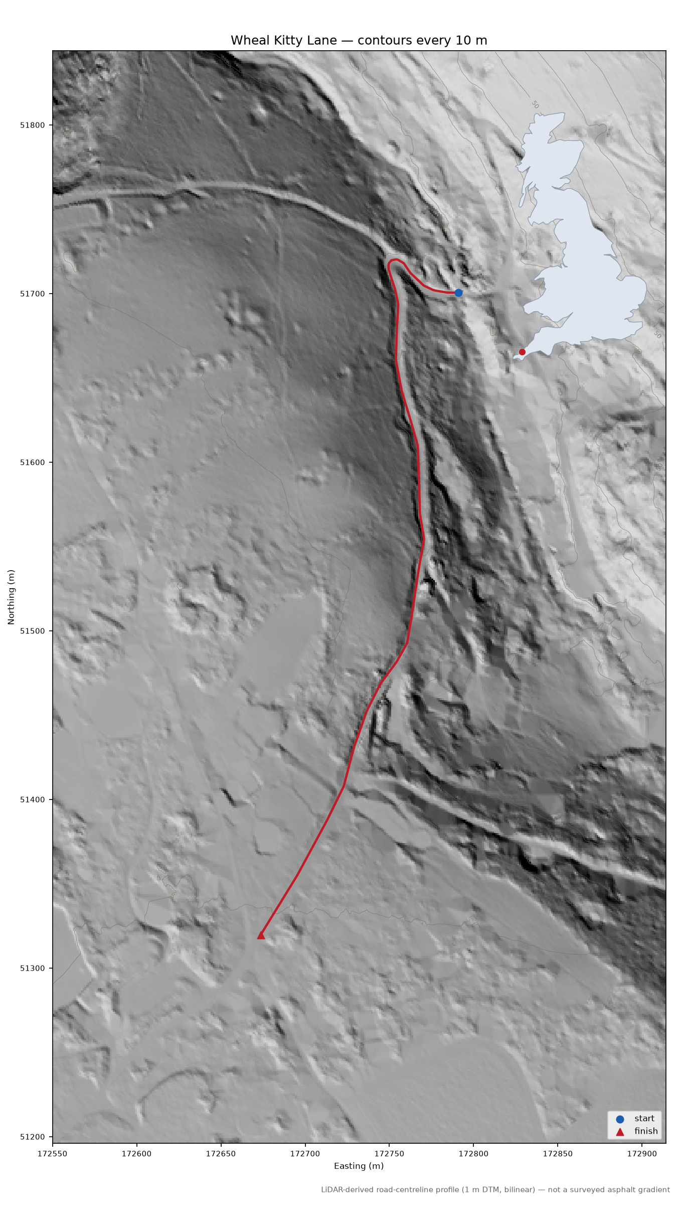 Wheal Kitty Lane LiDAR hillshade map with contours