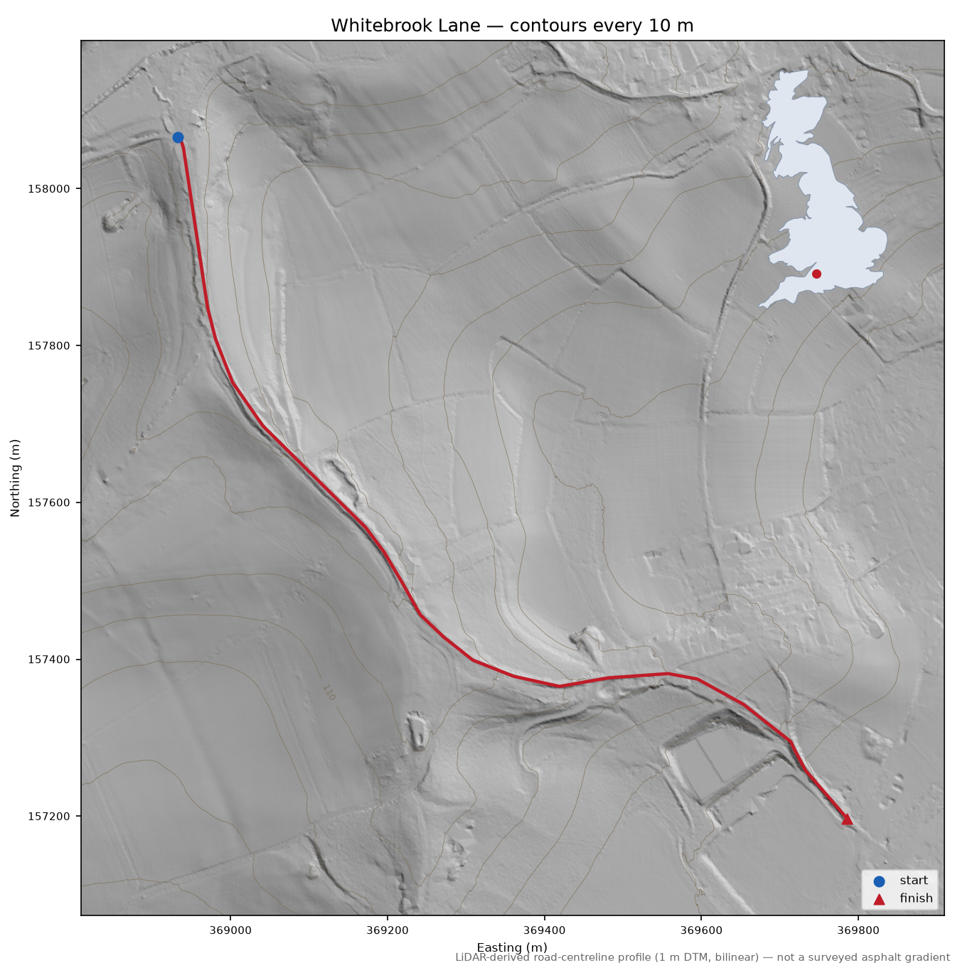 Whitebrook Lane LiDAR hillshade map with contours