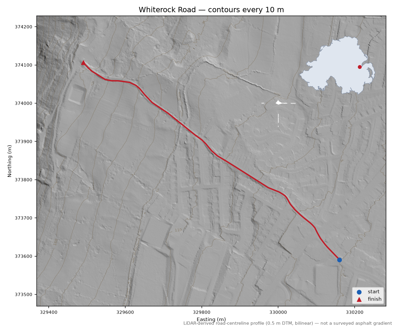 Whiterock Road LiDAR hillshade map with contours