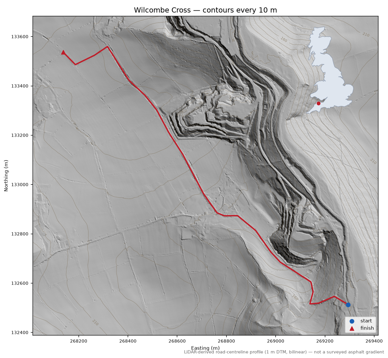 Wilcombe Cross LiDAR hillshade map with contours