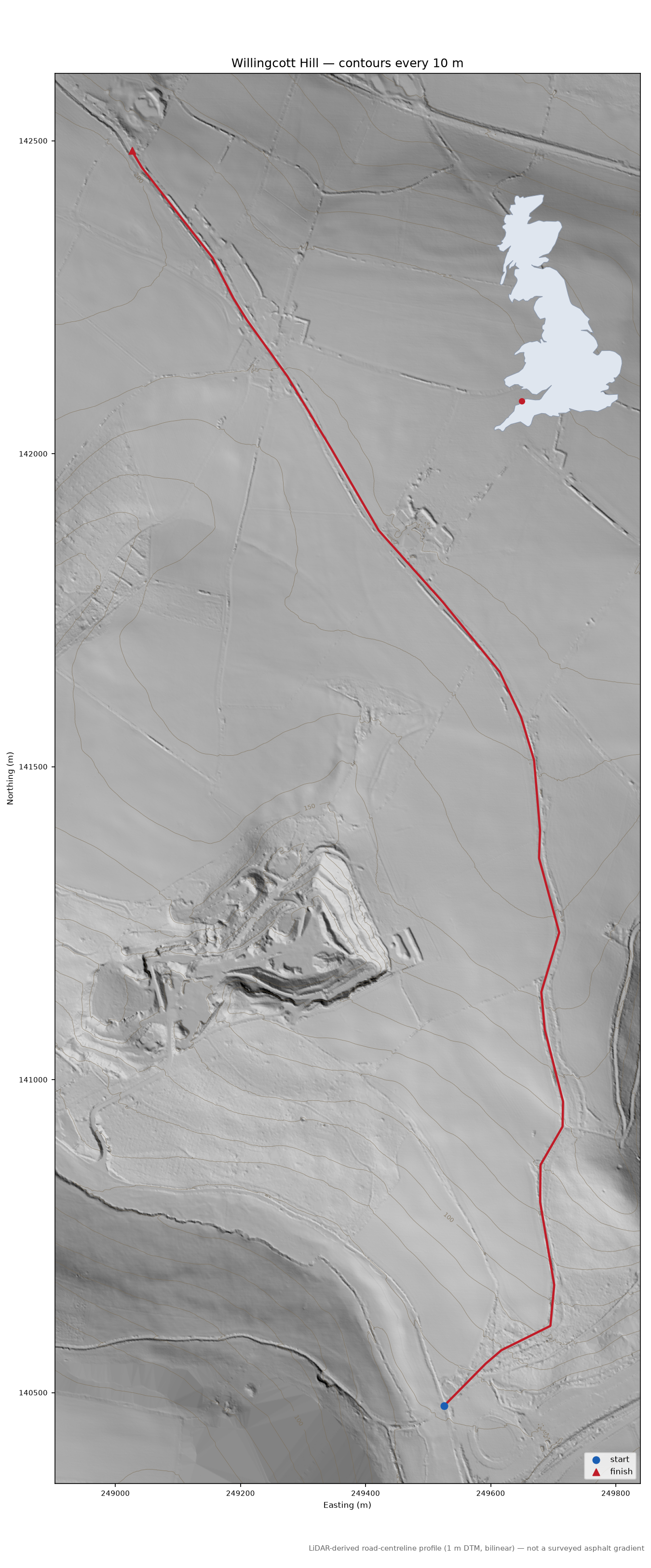 Willingcott Hill LiDAR hillshade map with contours