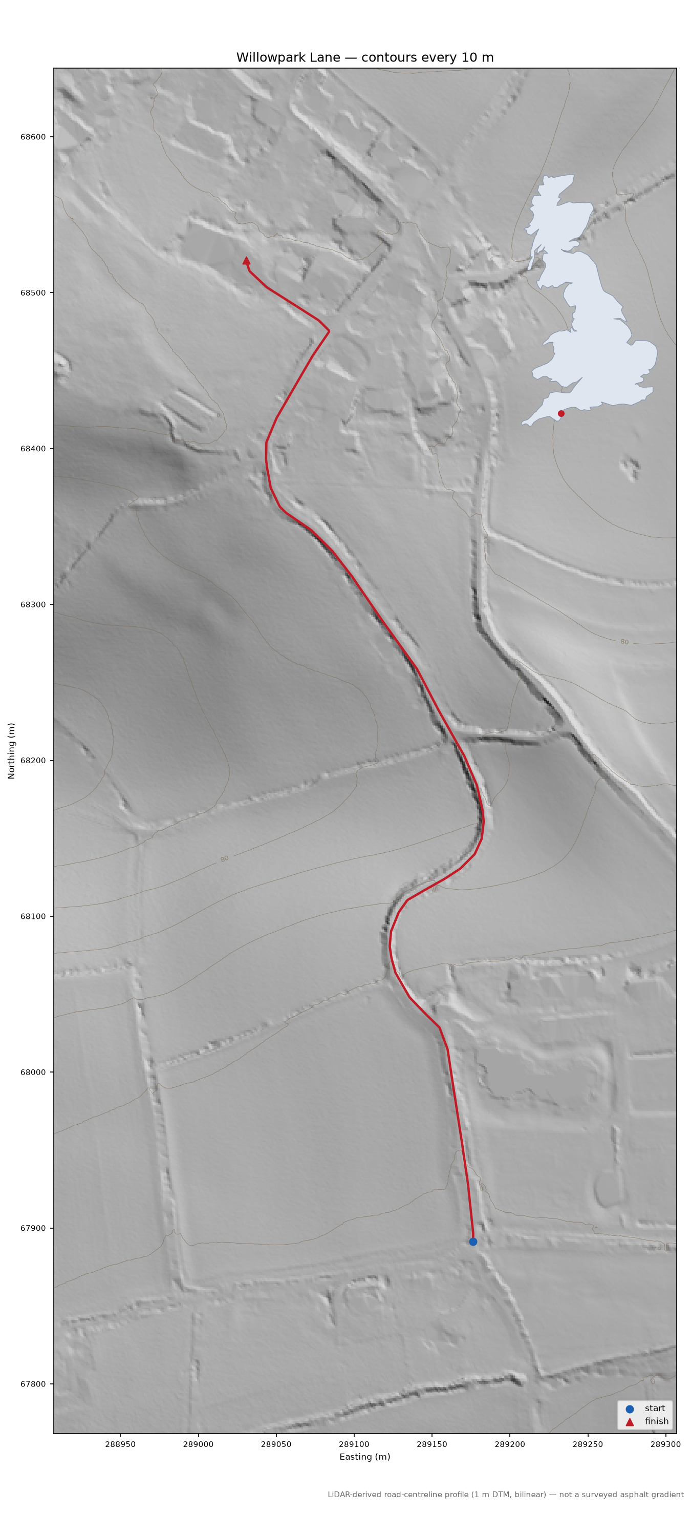 Willowpark Lane LiDAR hillshade map with contours