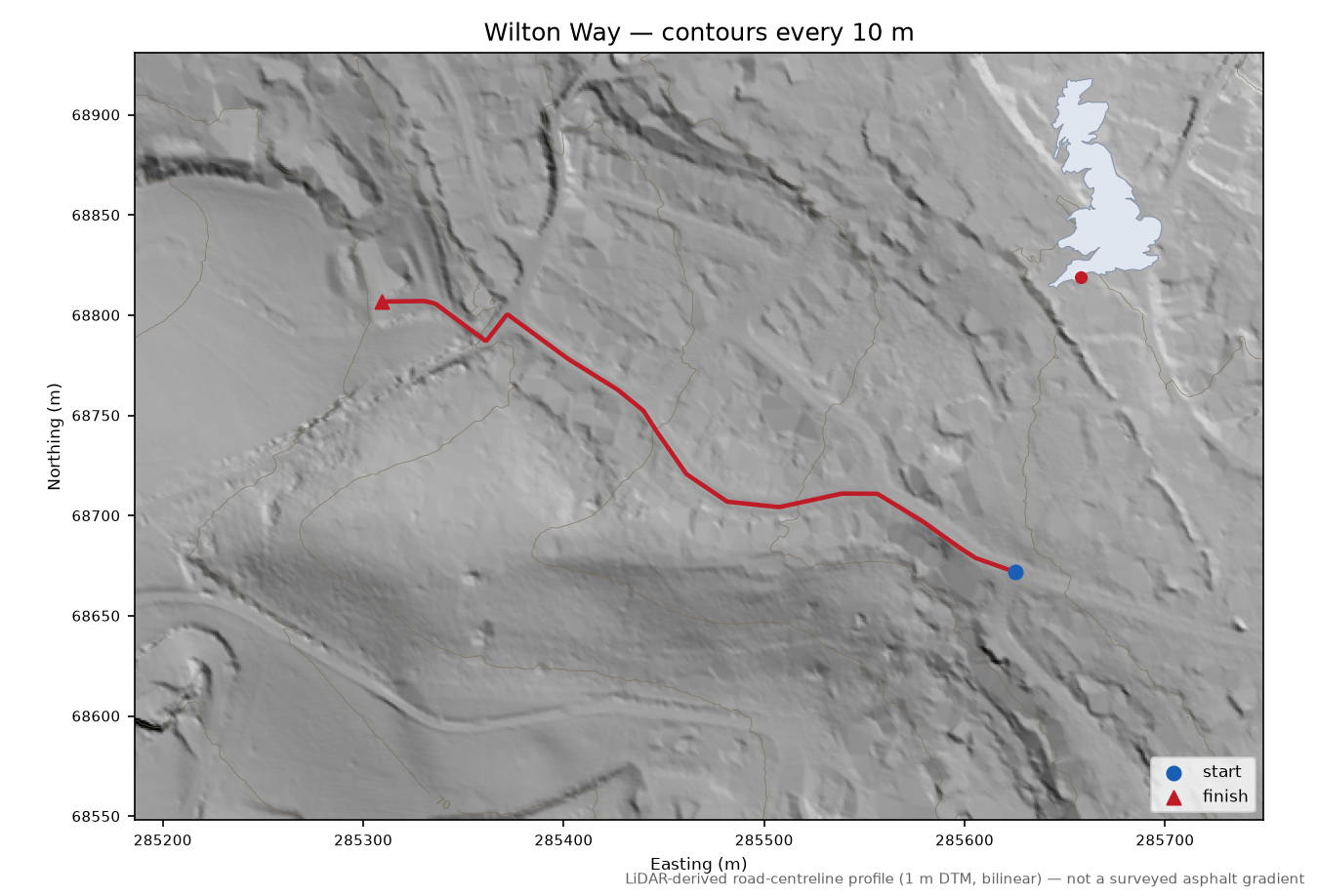 Wilton Way LiDAR hillshade map with contours