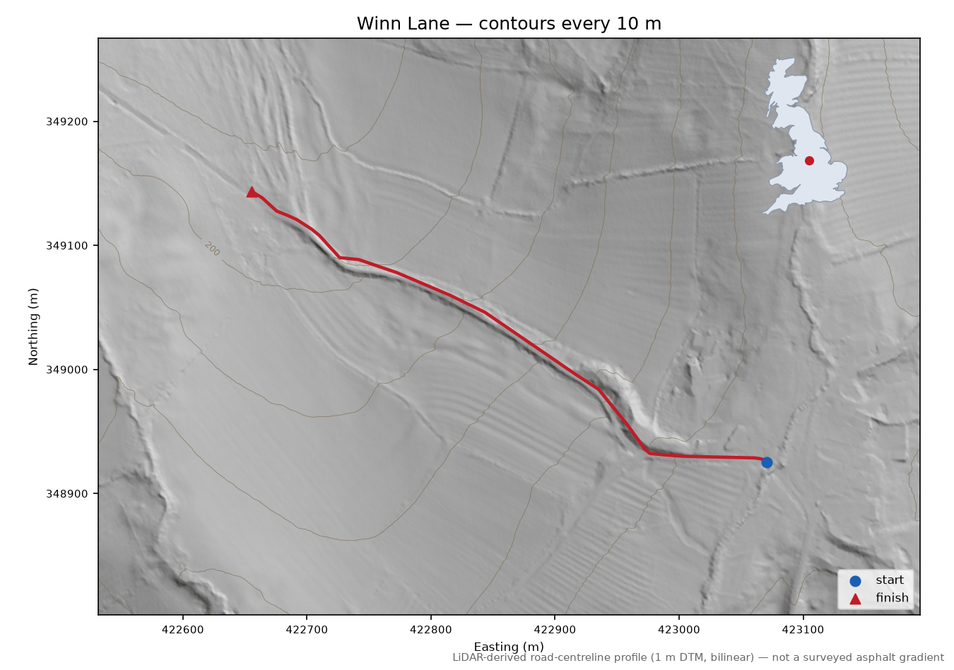 Winn Lane LiDAR hillshade map with contours