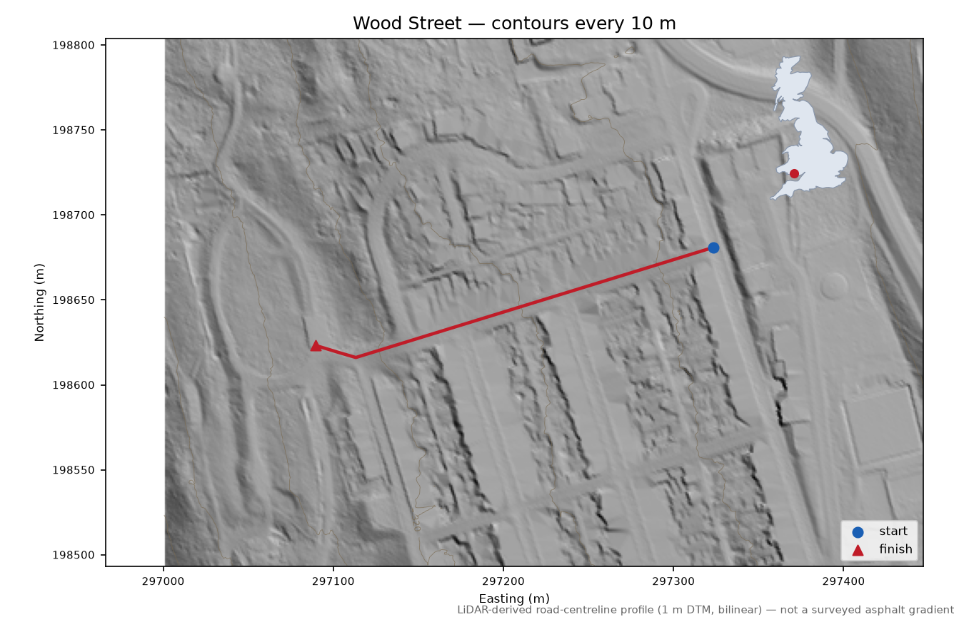 Wood Street LiDAR hillshade map with contours