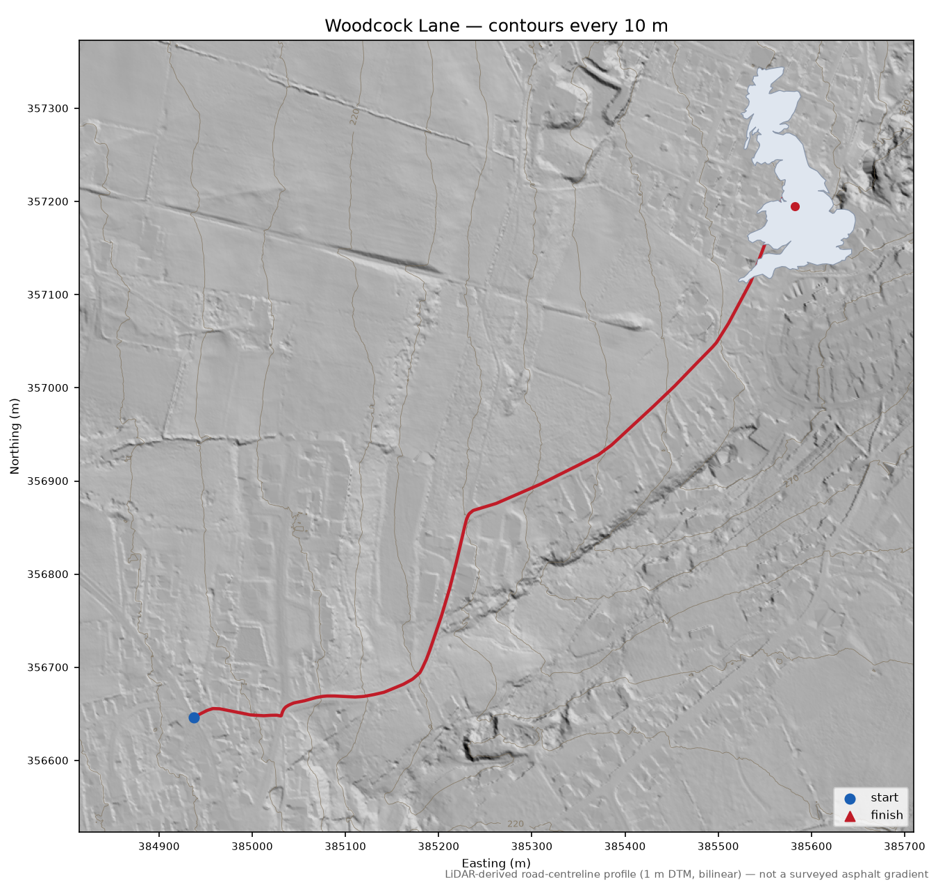 Woodcock Lane LiDAR hillshade map with contours
