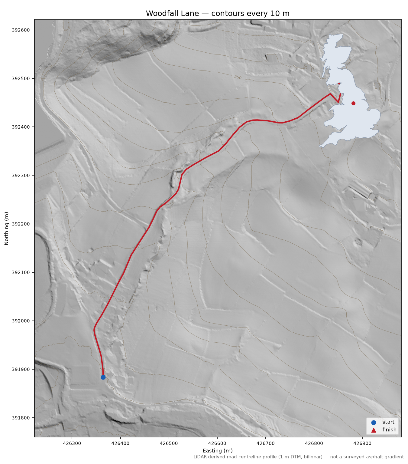 Woodfall Lane LiDAR hillshade map with contours