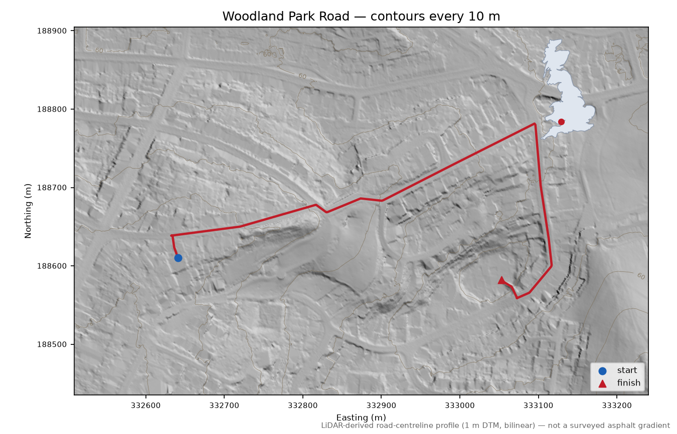 Woodland Park Road LiDAR hillshade map with contours