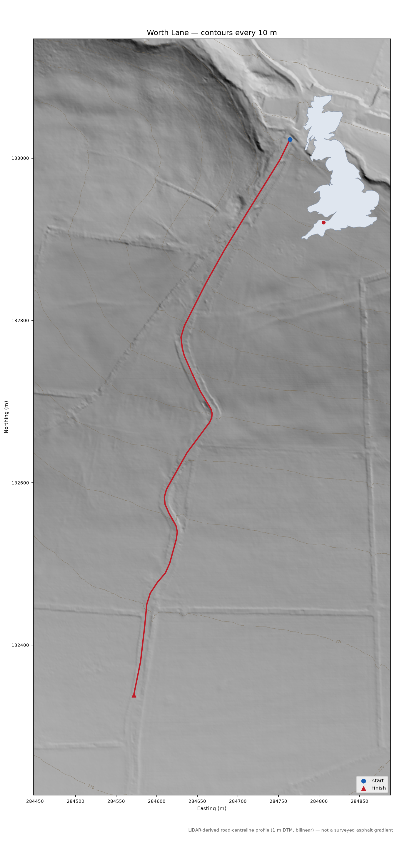 Worth Lane LiDAR hillshade map with contours