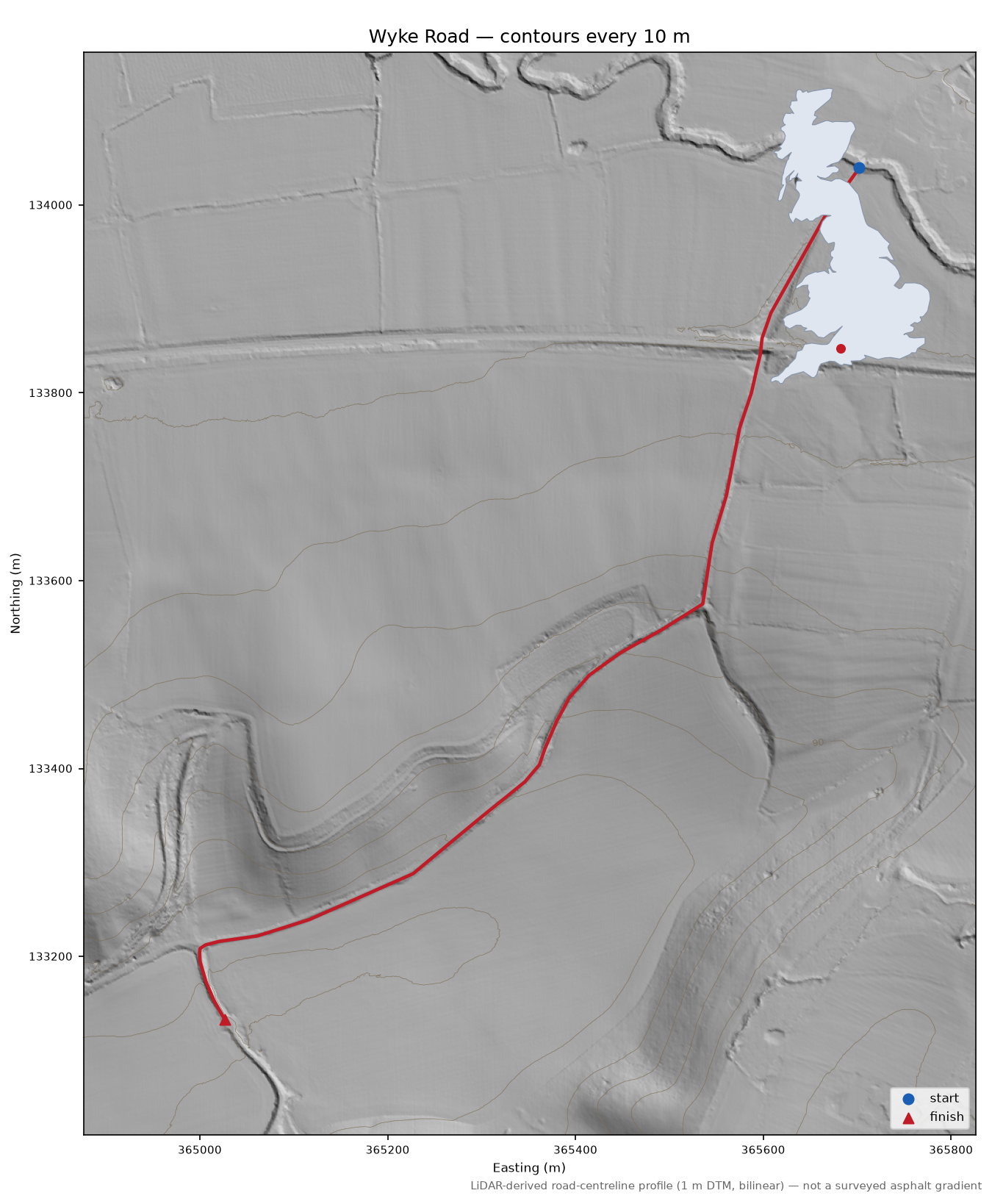 Wyke Road LiDAR hillshade map with contours