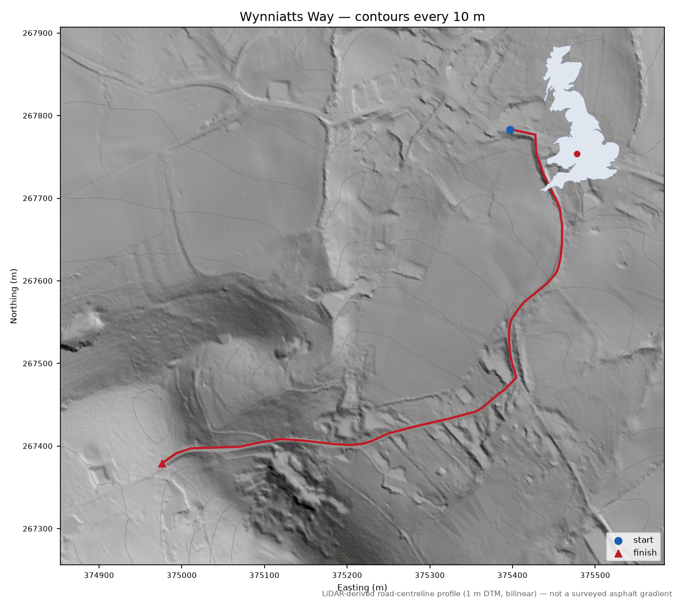 Wynniatts Way LiDAR hillshade map with contours