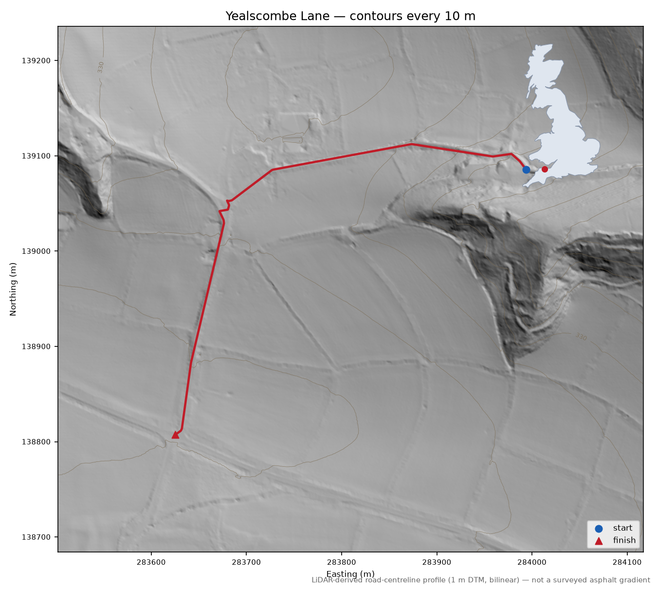 Yealscombe Lane LiDAR hillshade map with contours