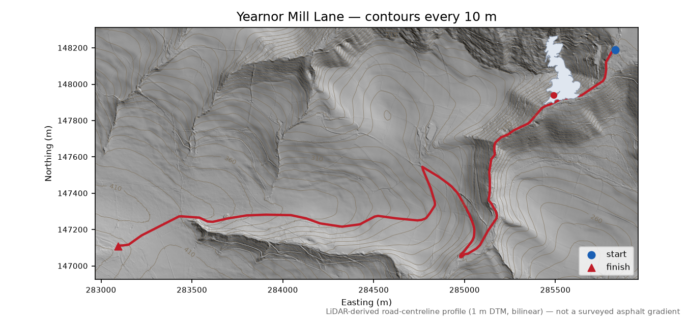 Yearnor Mill Lane LiDAR hillshade map with contours