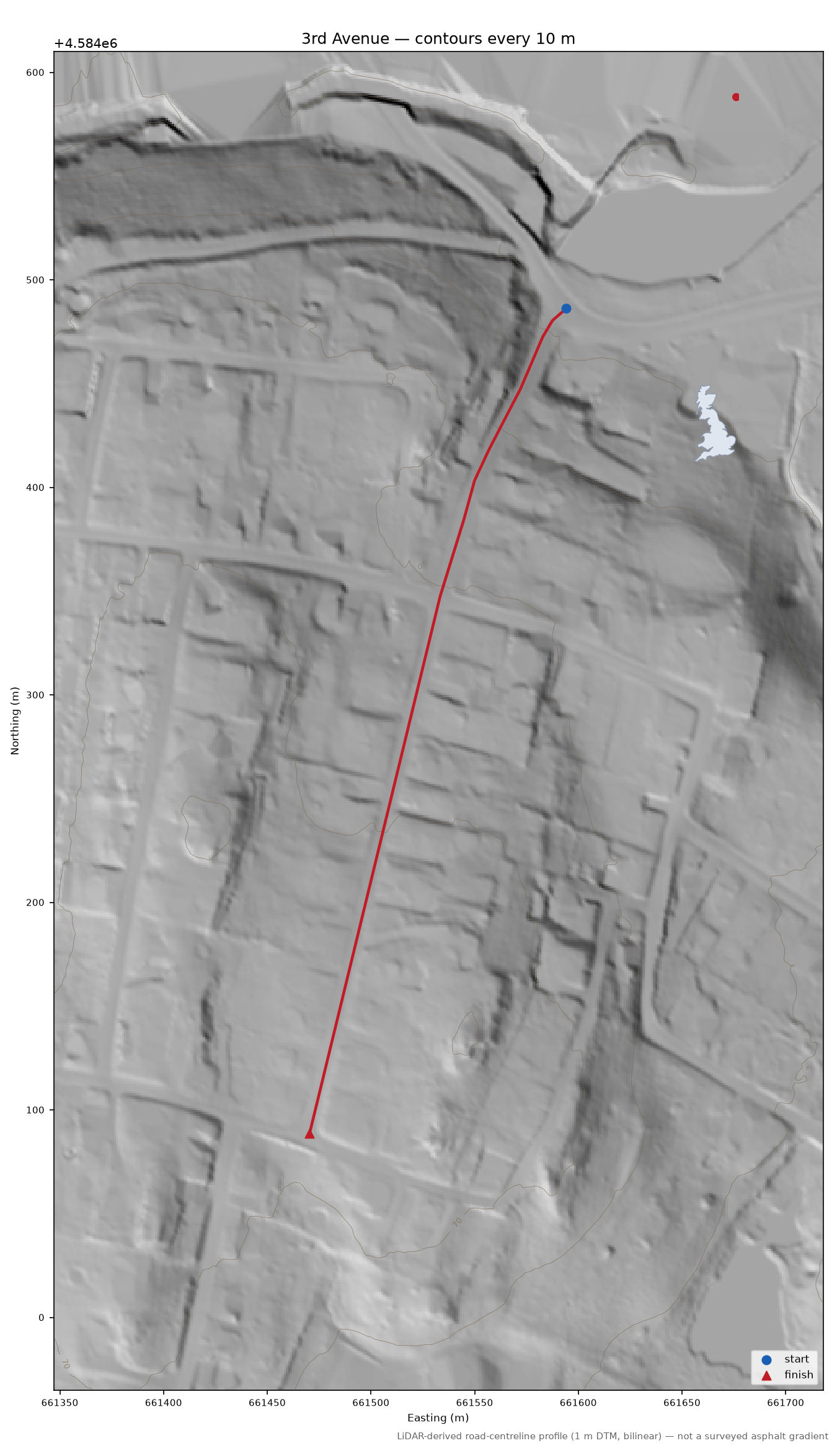 3rd Avenue LiDAR hillshade map with contours