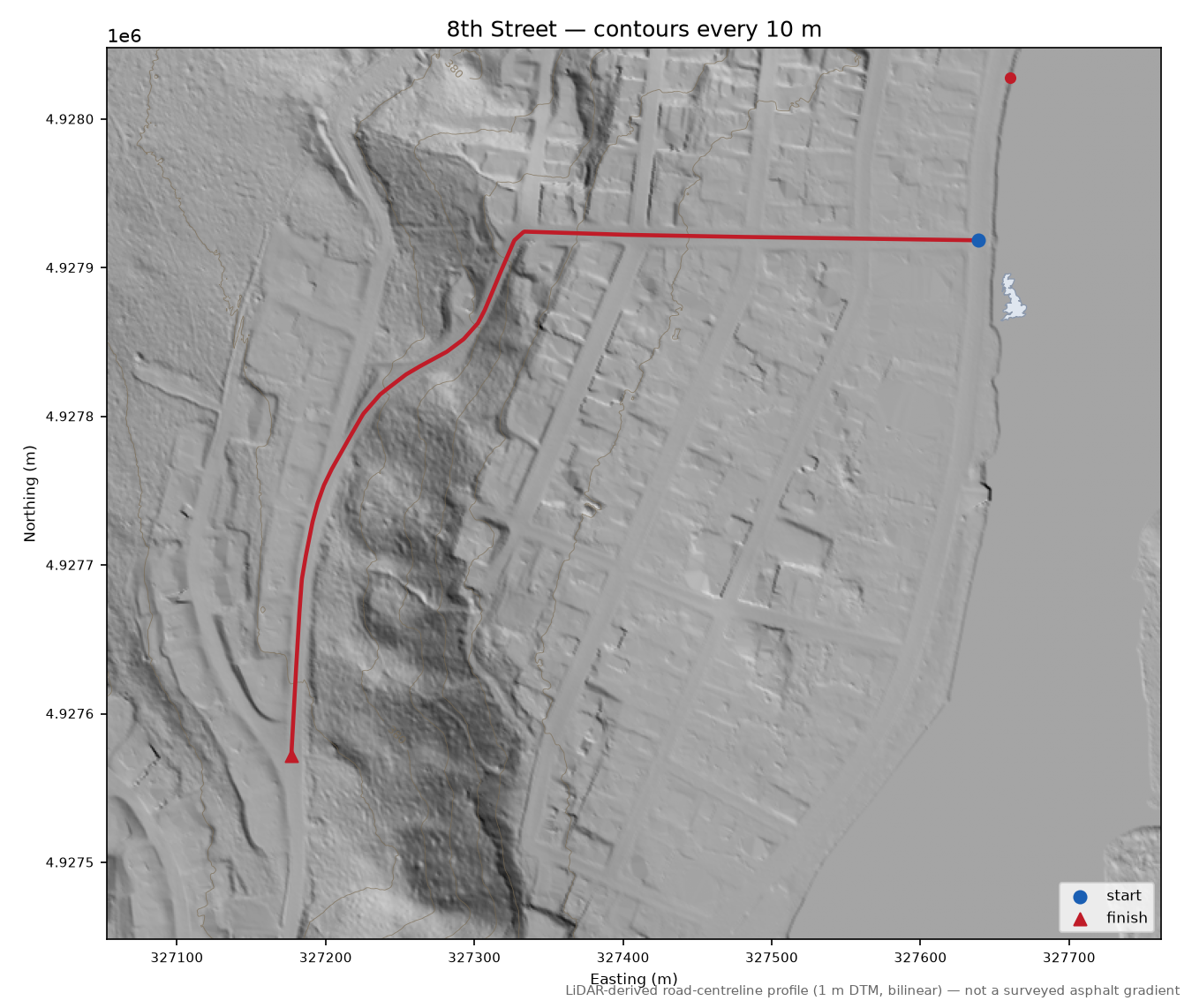 8th Street LiDAR hillshade map with contours
