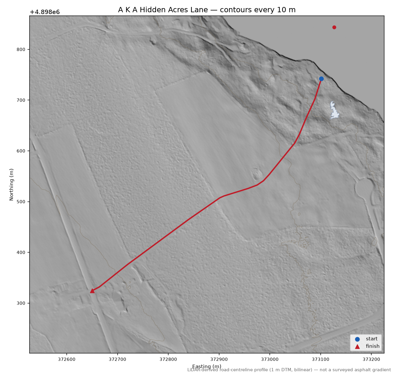 A K A Hidden Acres Lane LiDAR hillshade map with contours