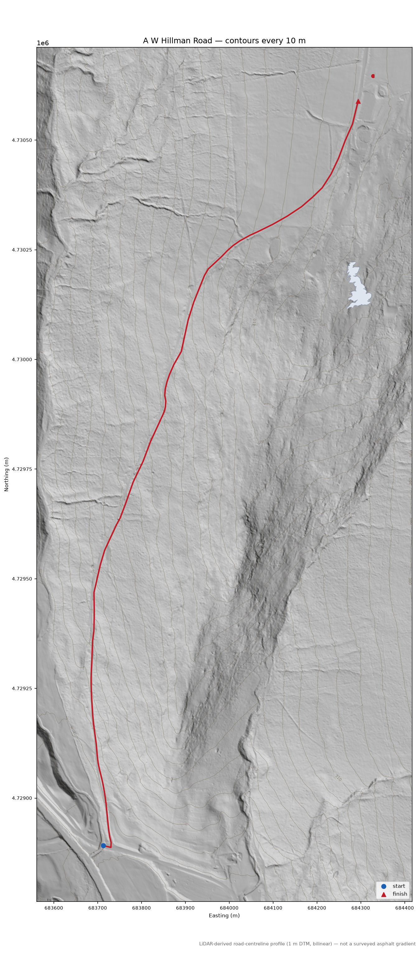 A W Hillman Road LiDAR hillshade map with contours