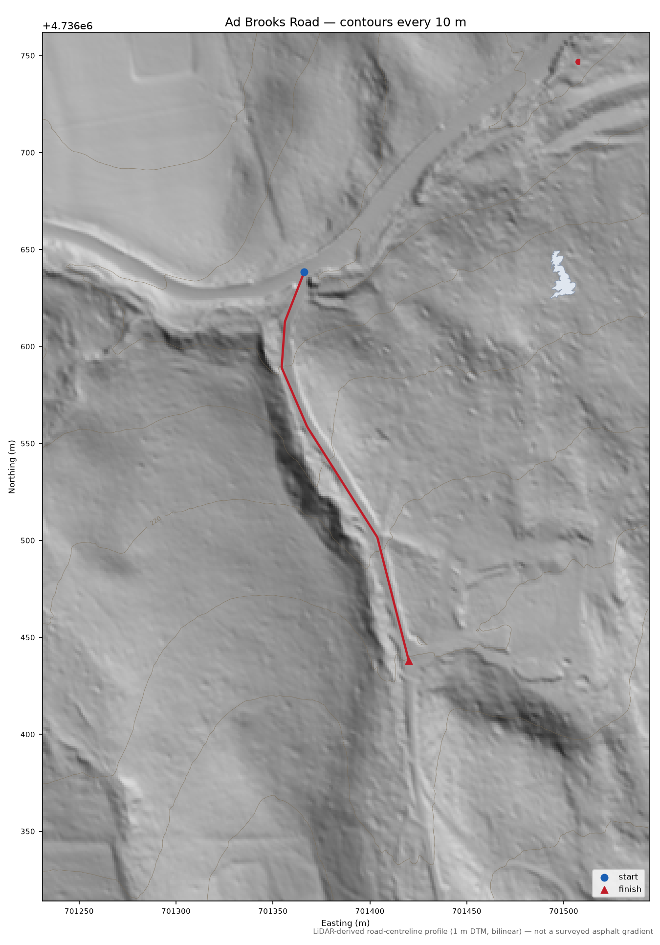 Ad Brooks Road LiDAR hillshade map with contours