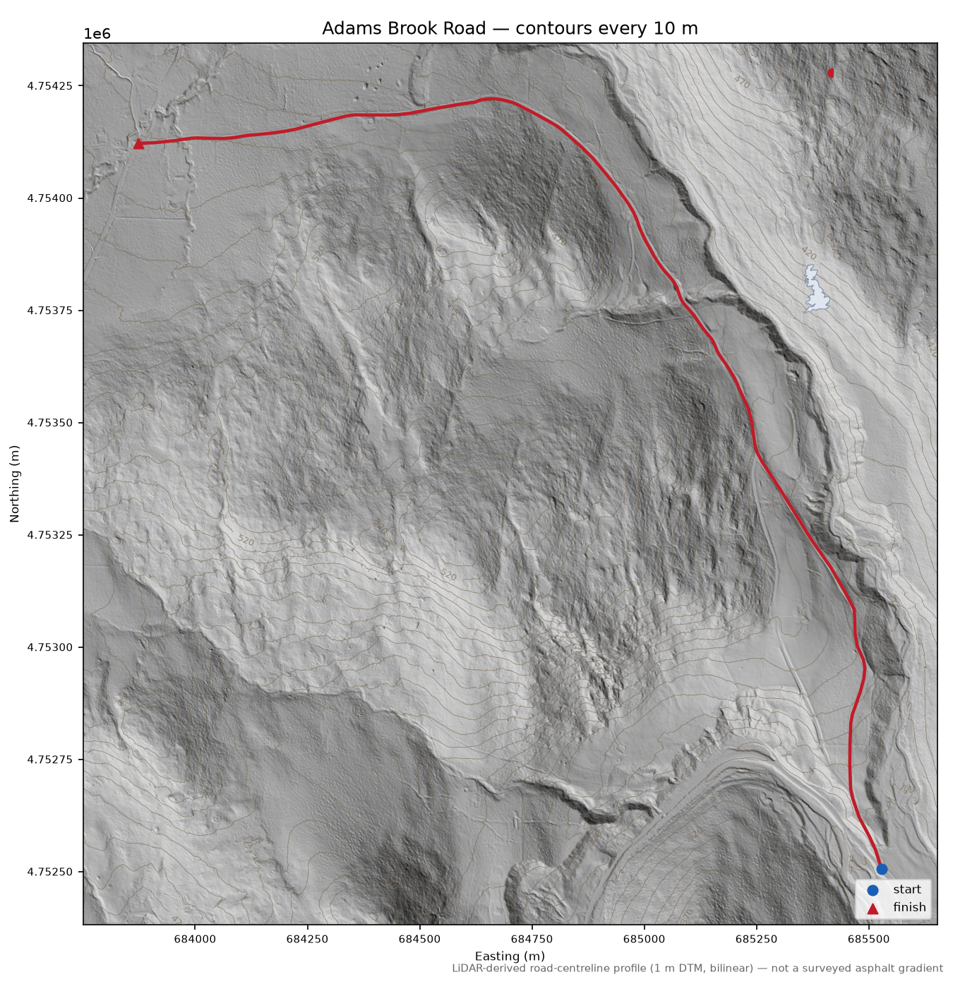 Adams Brook Road LiDAR hillshade map with contours