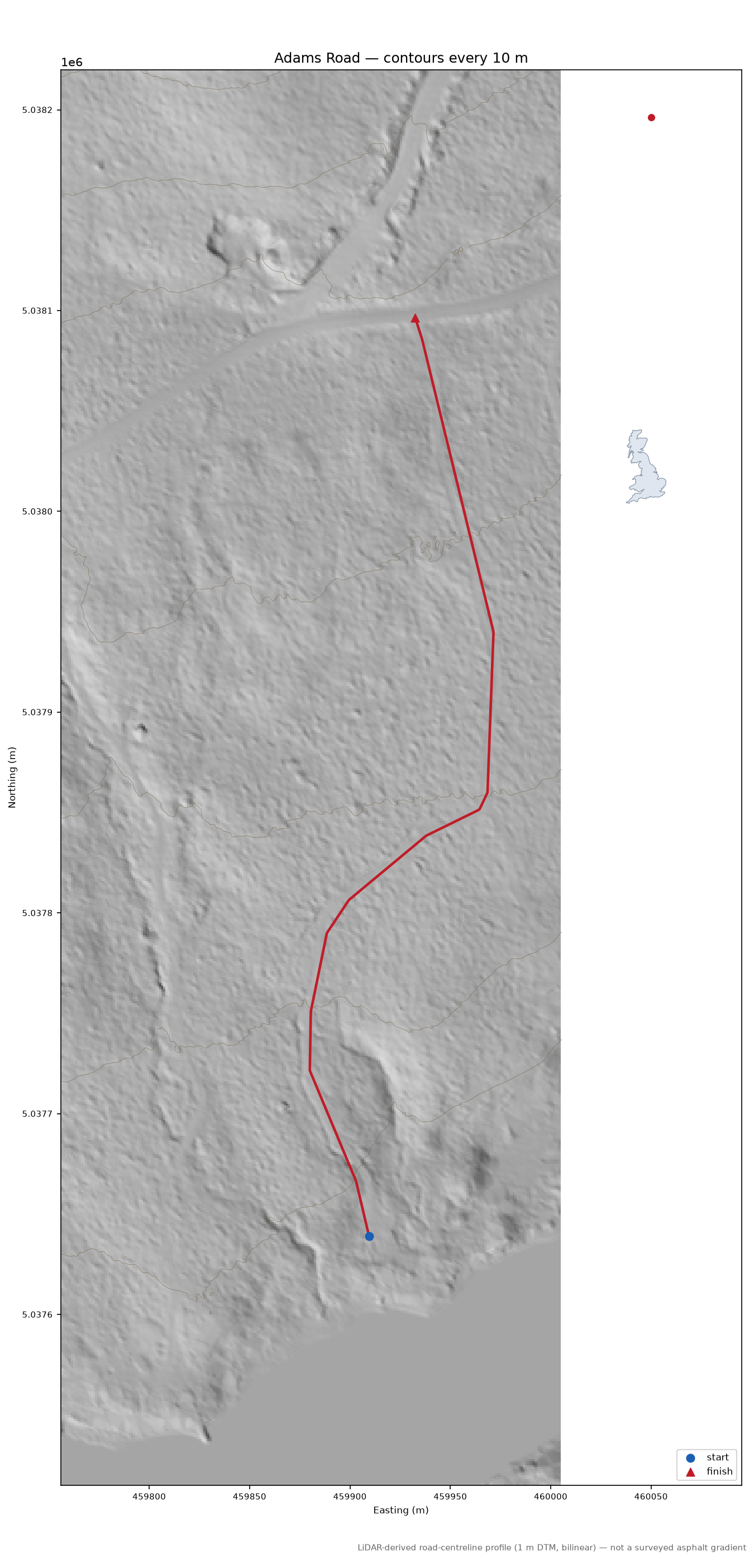 Adams Road LiDAR hillshade map with contours