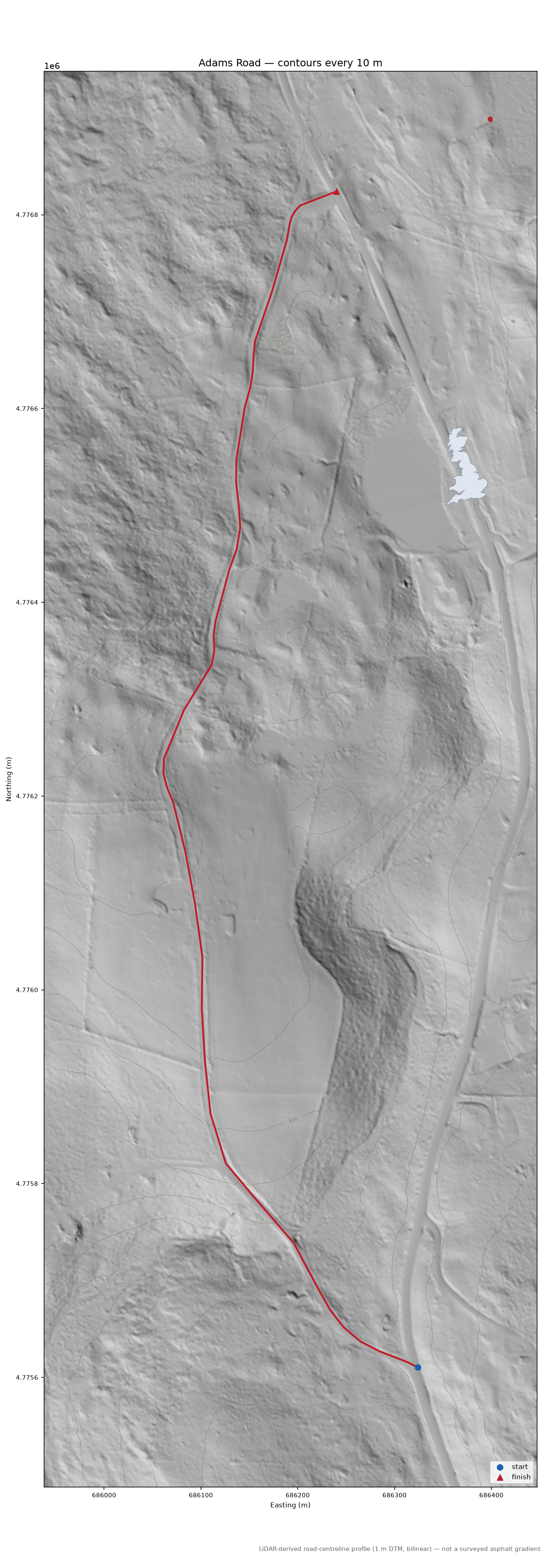 Adams Road LiDAR hillshade map with contours
