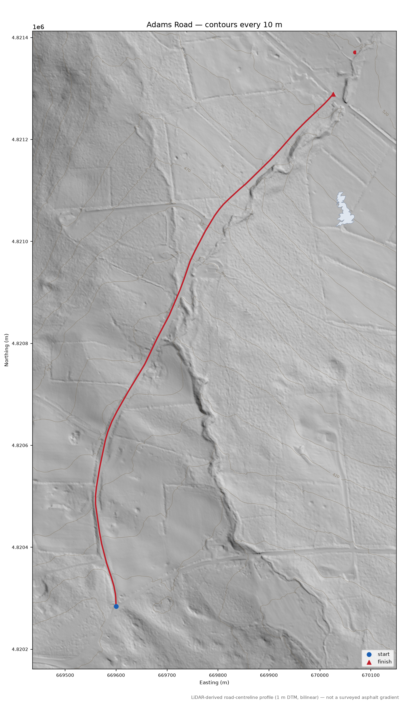 Adams Road LiDAR hillshade map with contours
