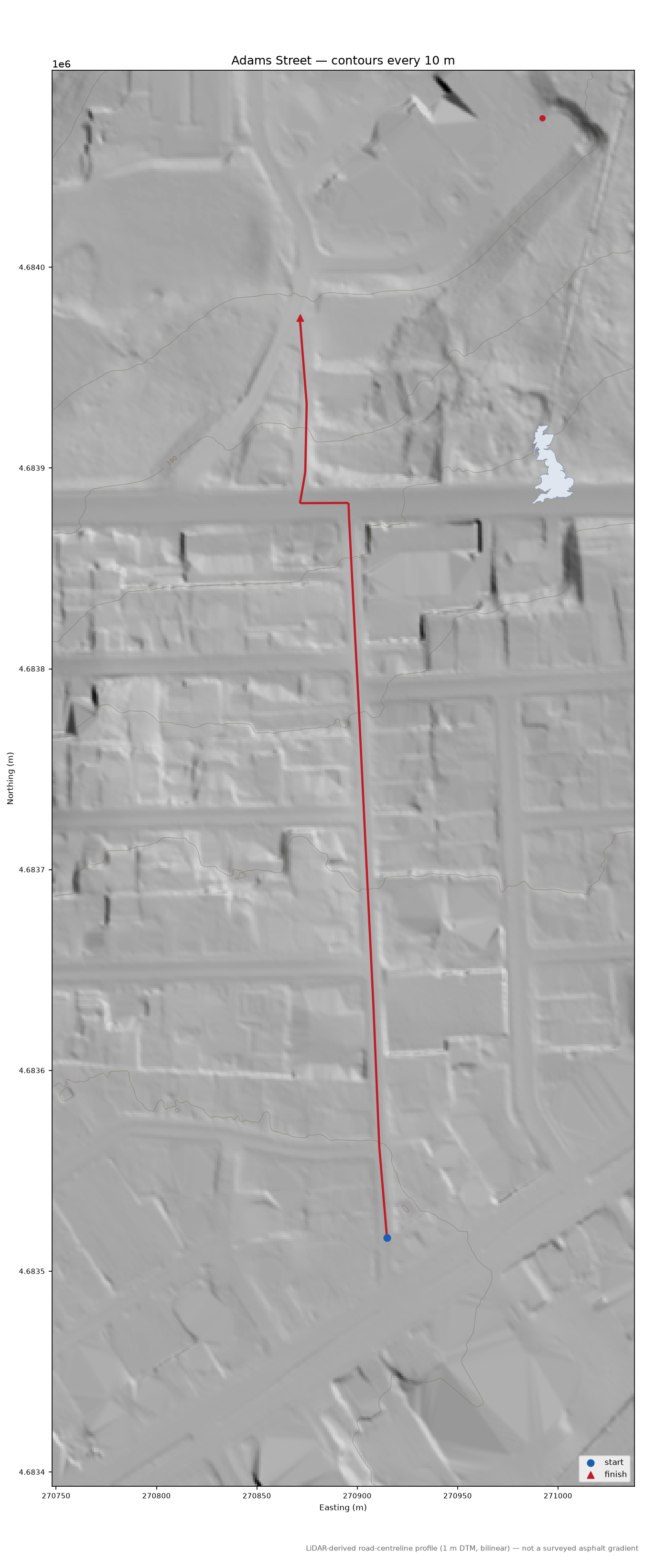 Adams Street LiDAR hillshade map with contours