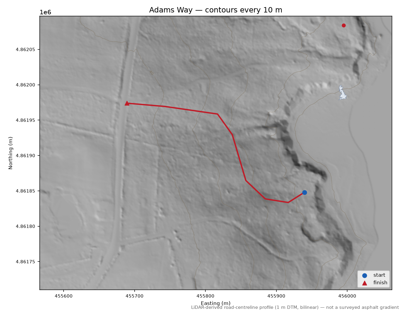 Adams Way LiDAR hillshade map with contours