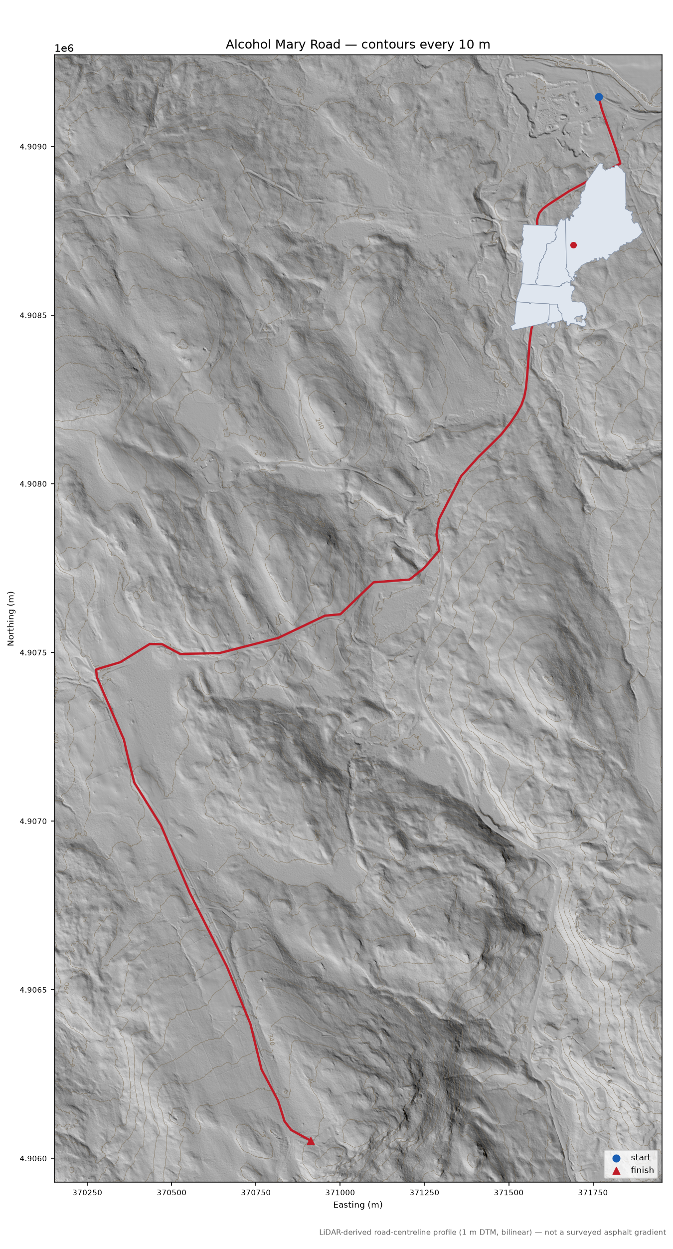 Alcohol Mary Road LiDAR hillshade map with contours