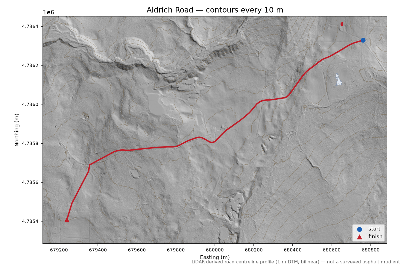 Aldrich Road LiDAR hillshade map with contours