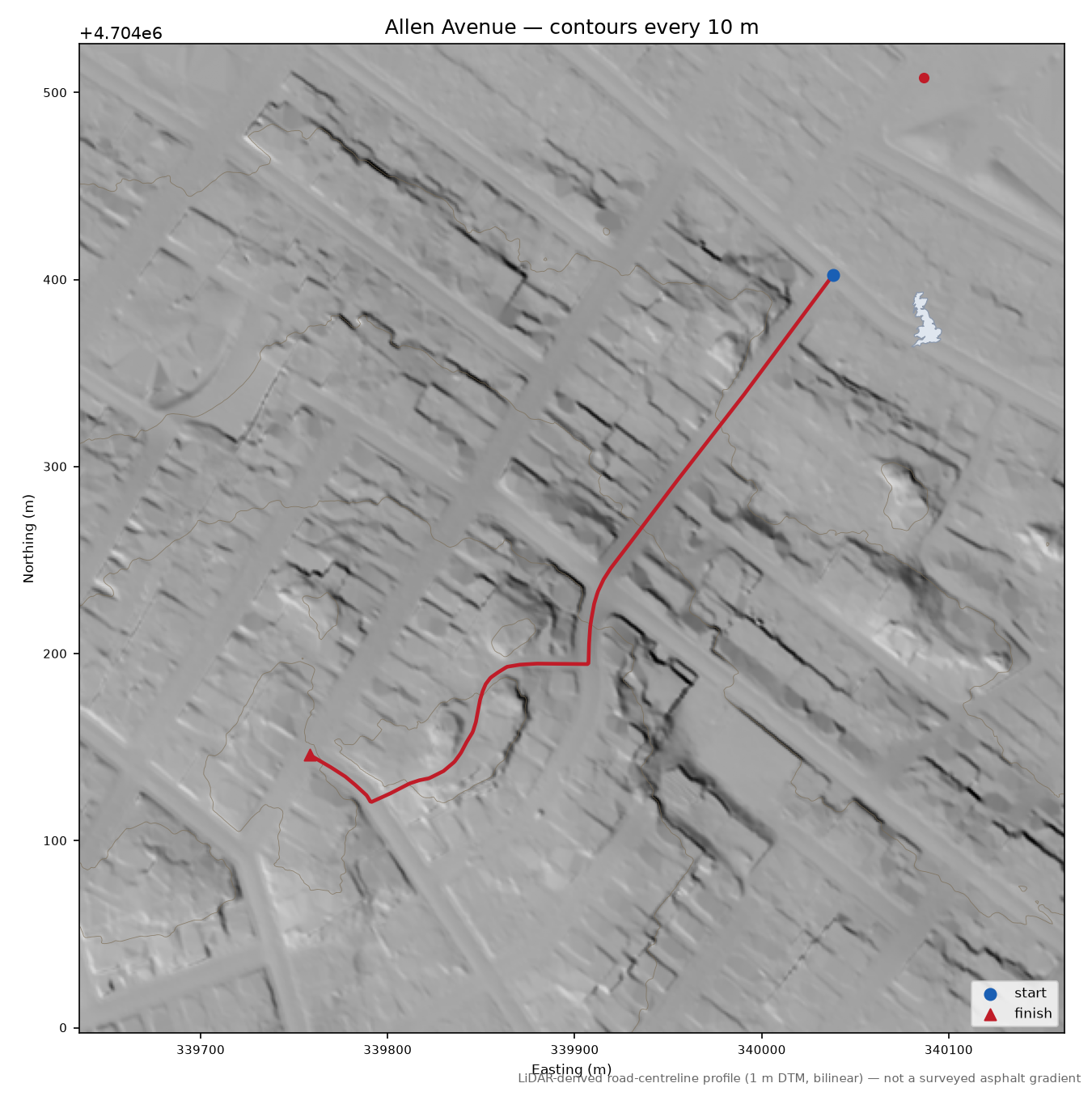 Allen Avenue LiDAR hillshade map with contours