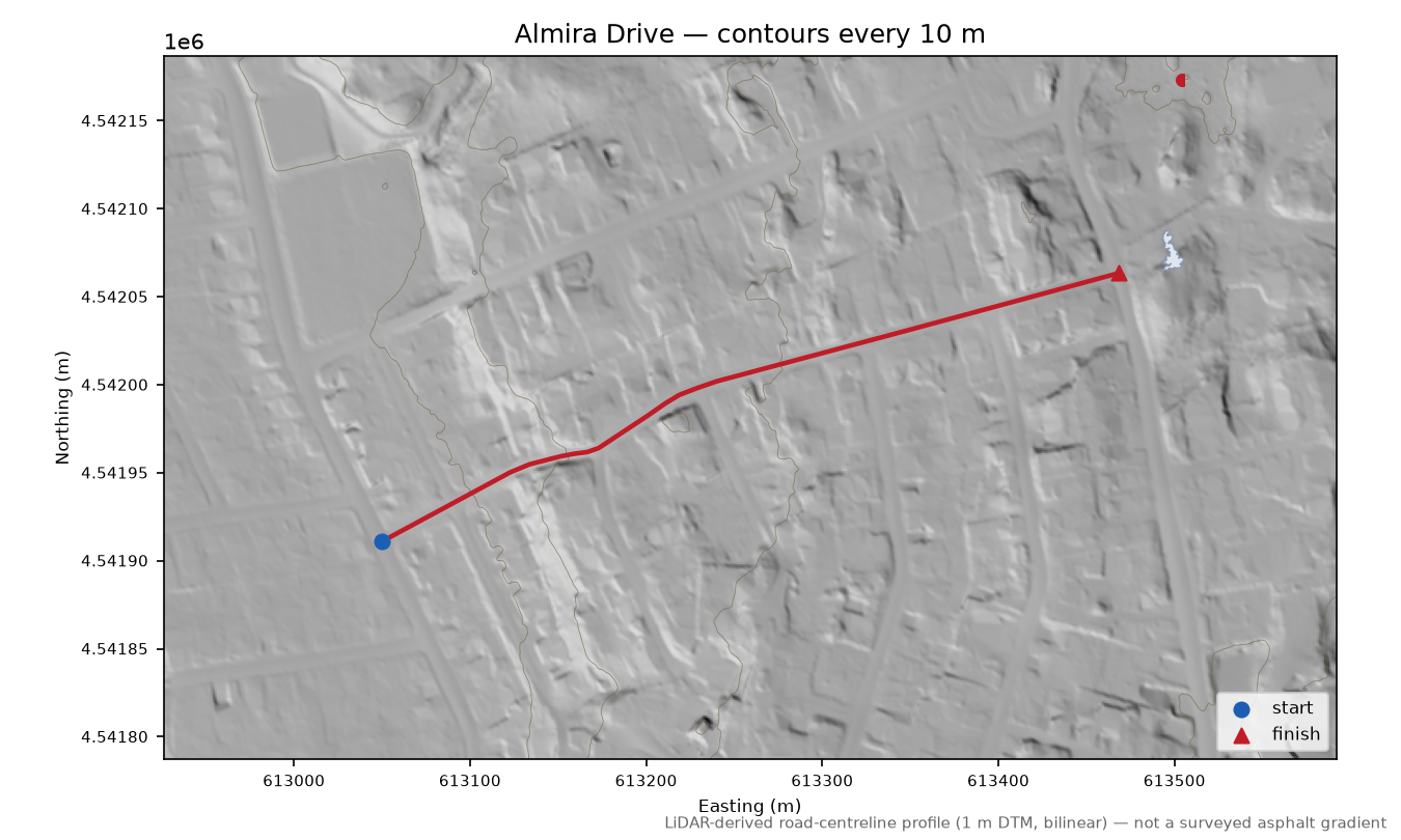 Almira Drive LiDAR hillshade map with contours