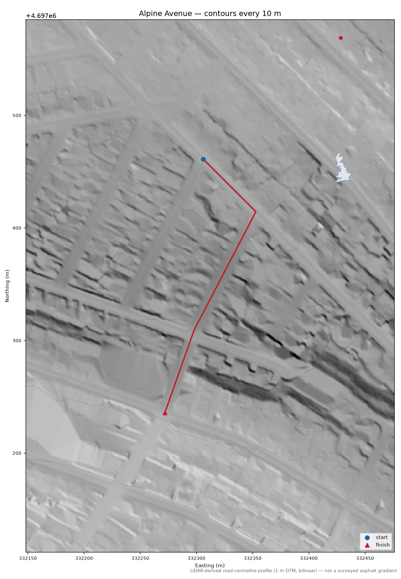 Alpine Avenue LiDAR hillshade map with contours