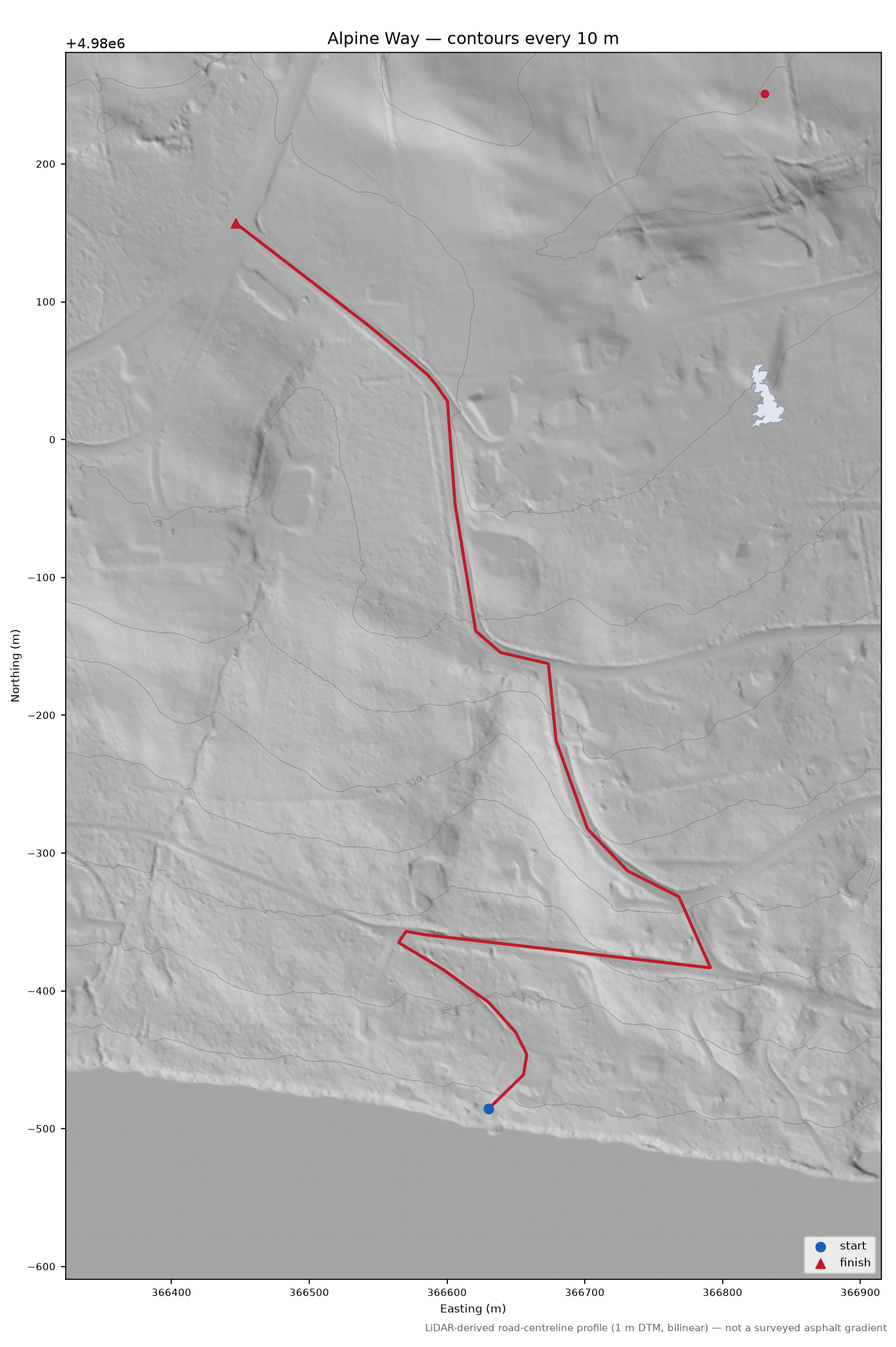 Alpine Way LiDAR hillshade map with contours