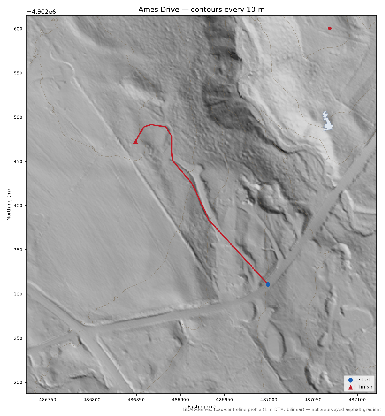 Ames Drive LiDAR hillshade map with contours