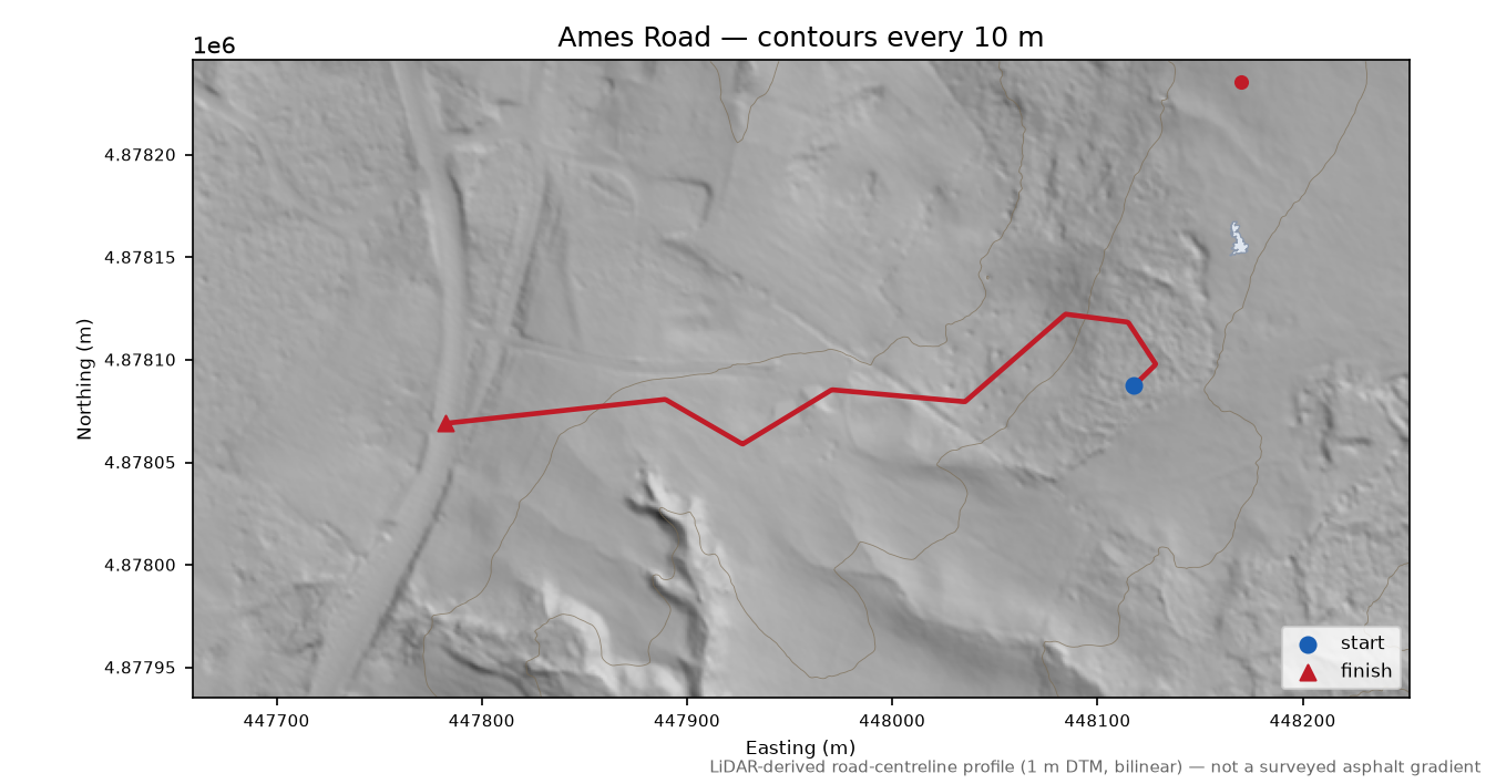 Ames Road LiDAR hillshade map with contours