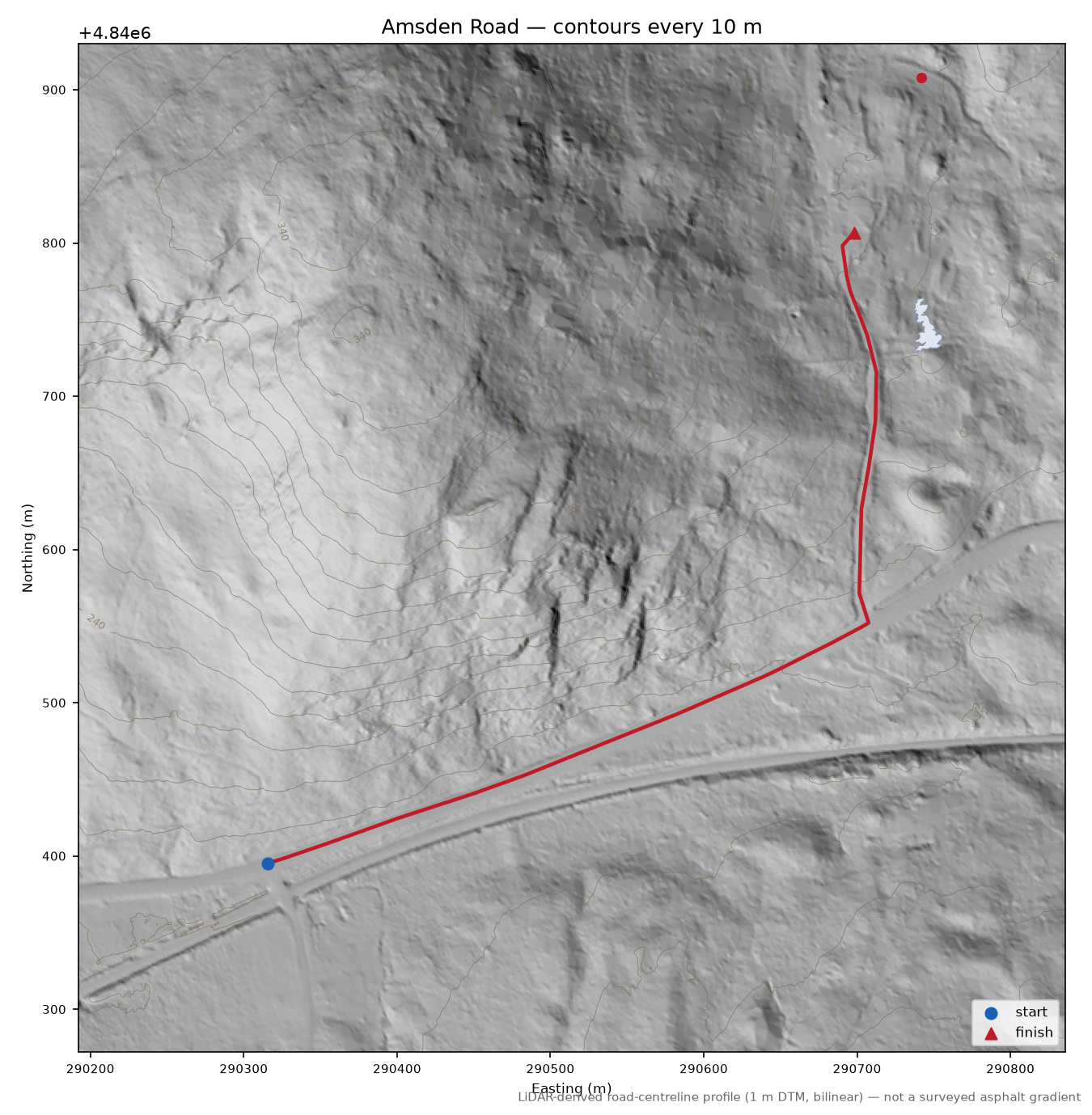 Amsden Road LiDAR hillshade map with contours