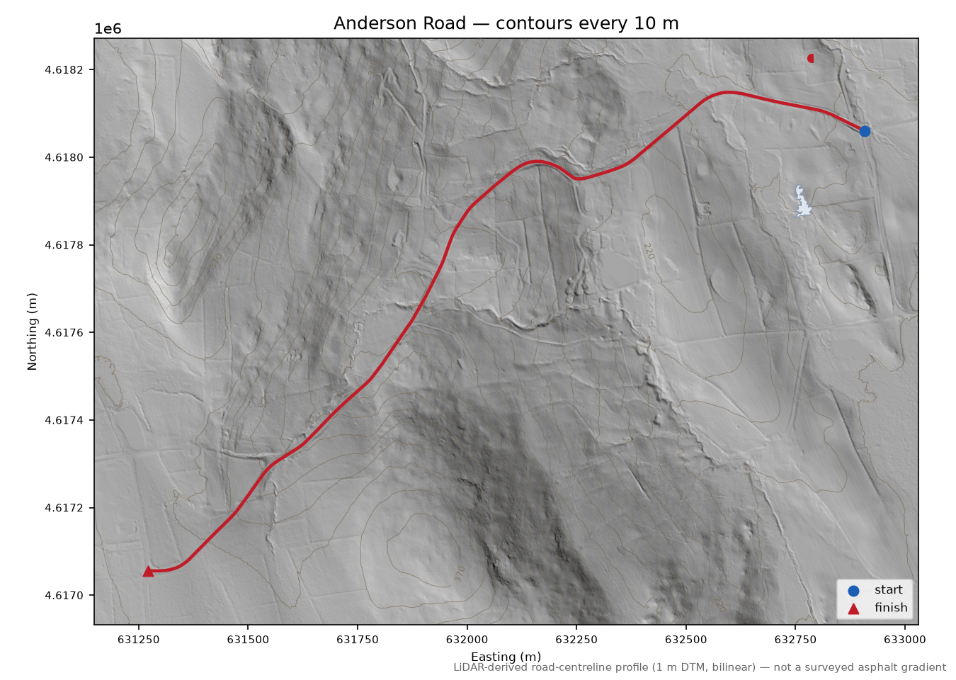 Anderson Road LiDAR hillshade map with contours