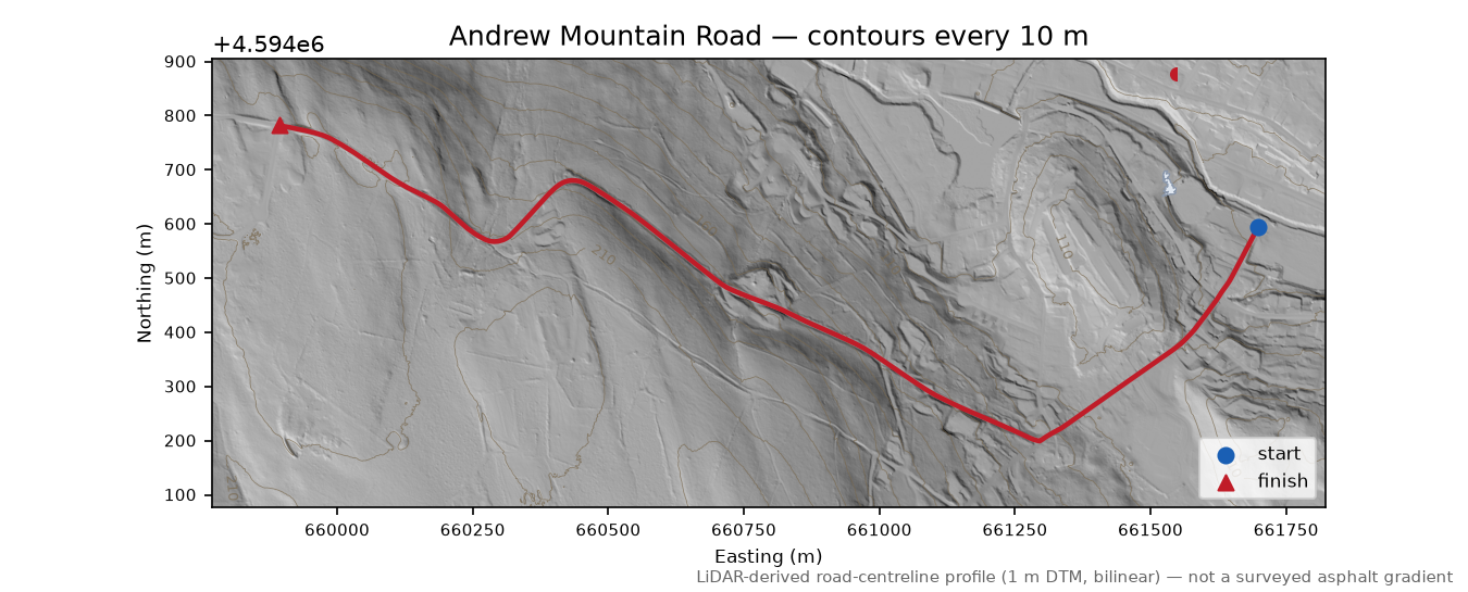 Andrew Mountain Road LiDAR hillshade map with contours
