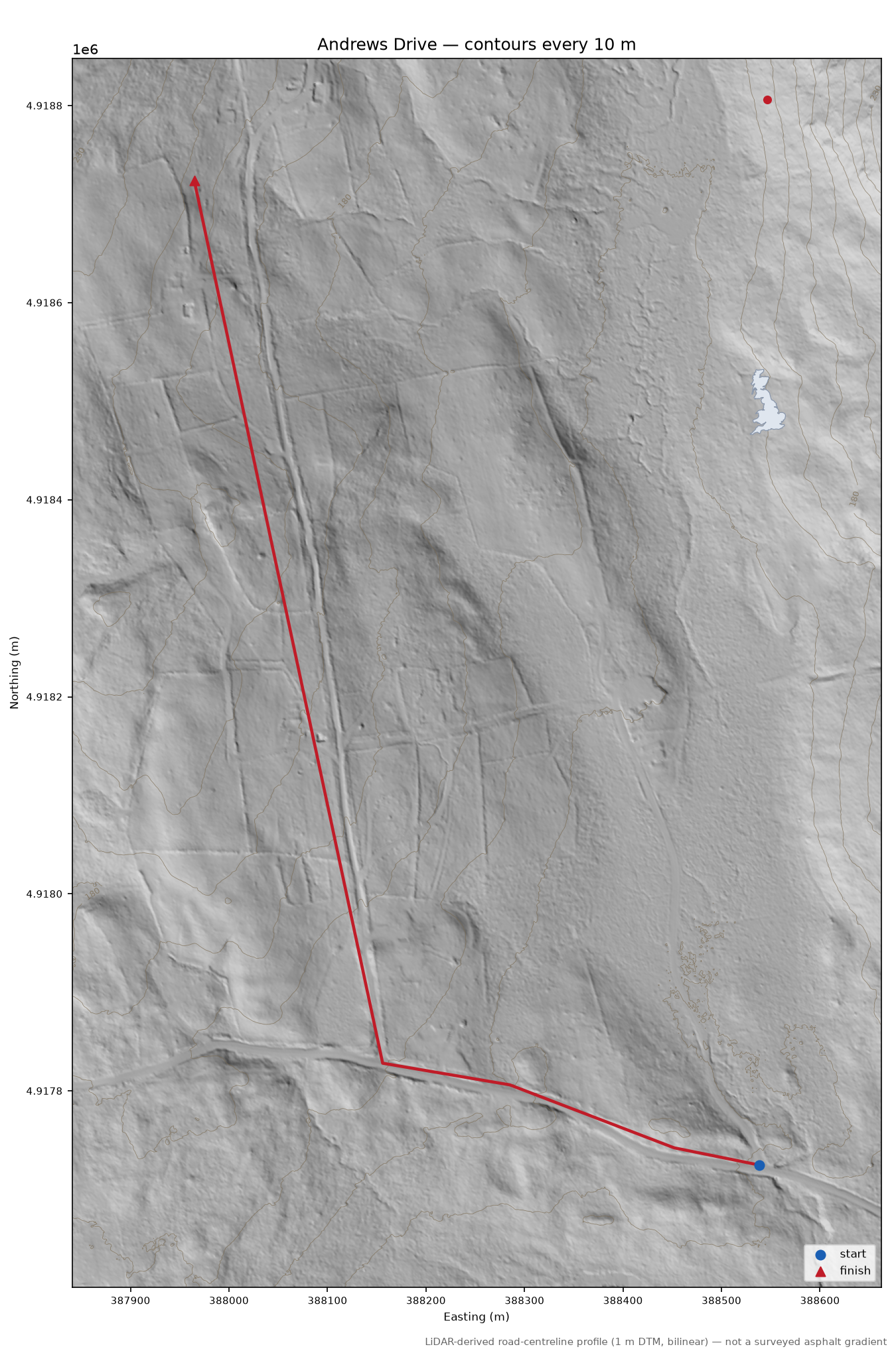 Andrews Drive LiDAR hillshade map with contours