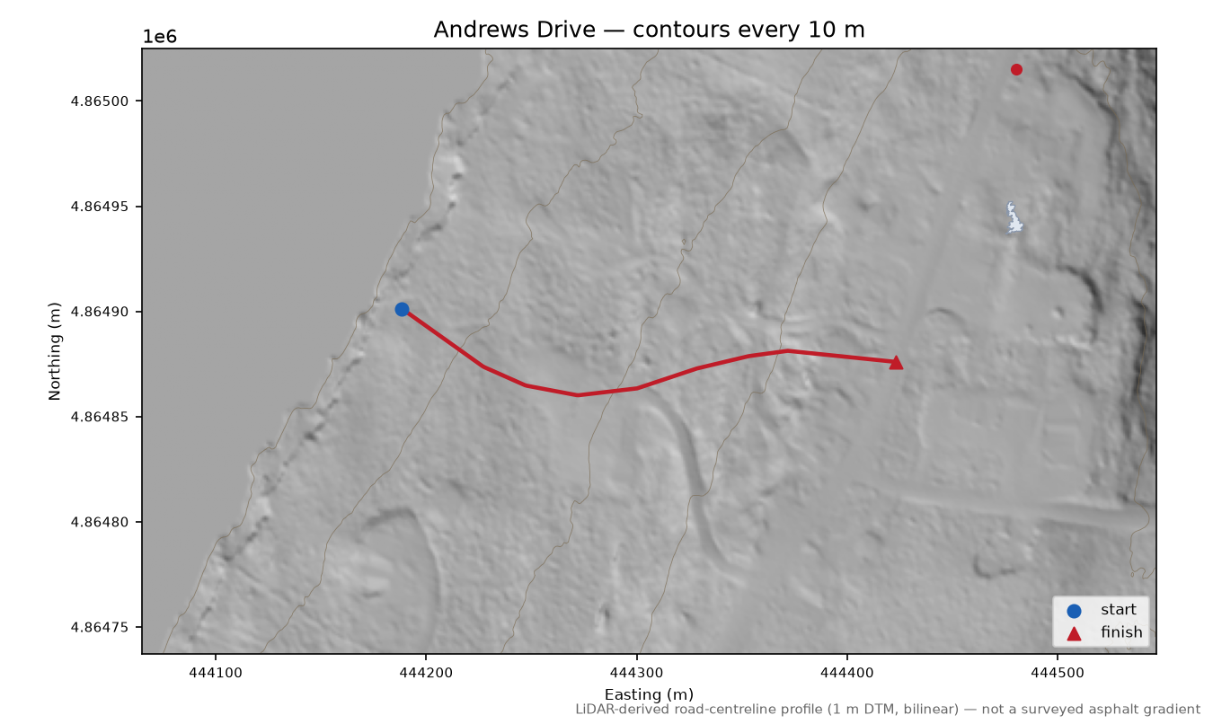 Andrews Drive LiDAR hillshade map with contours