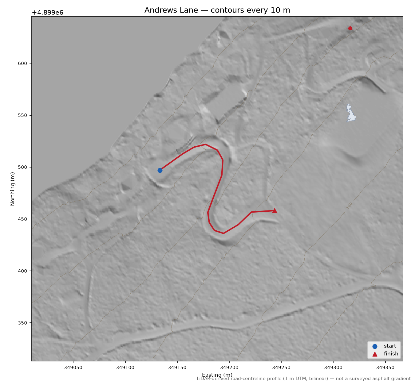 Andrews Lane LiDAR hillshade map with contours