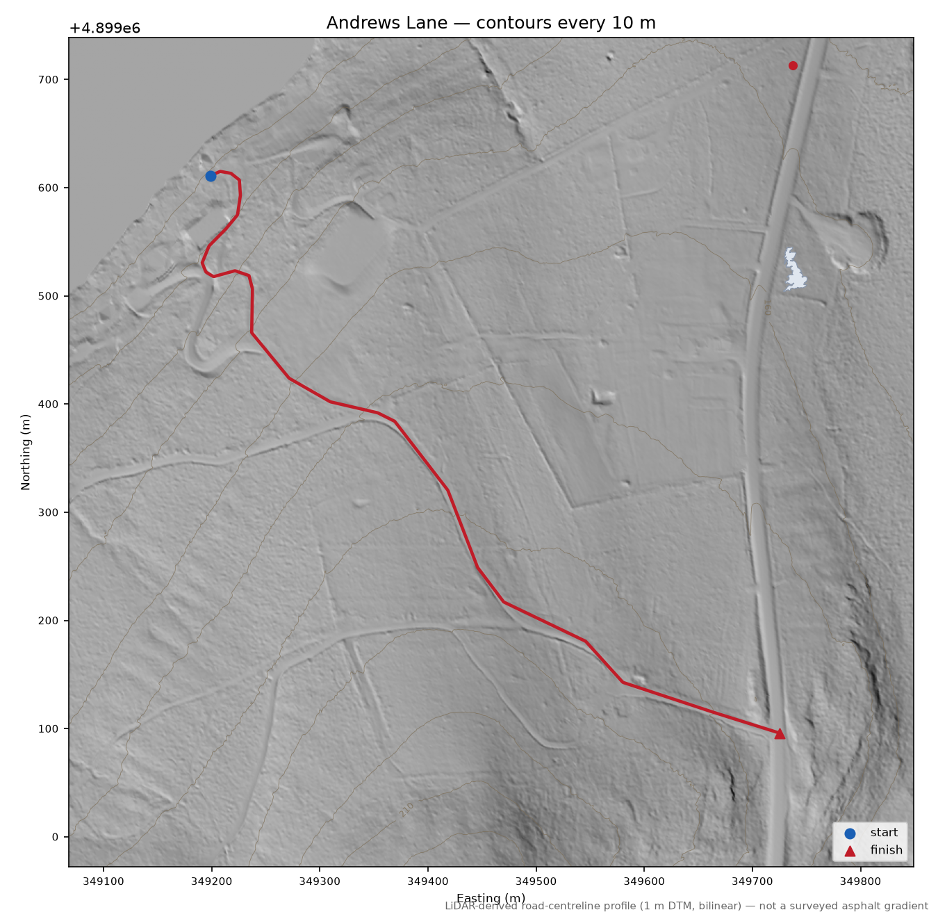 Andrews Lane LiDAR hillshade map with contours