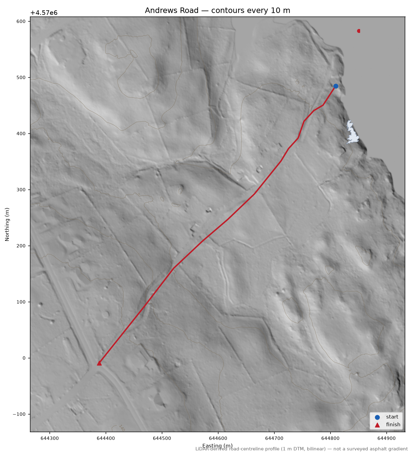 Andrews Road LiDAR hillshade map with contours